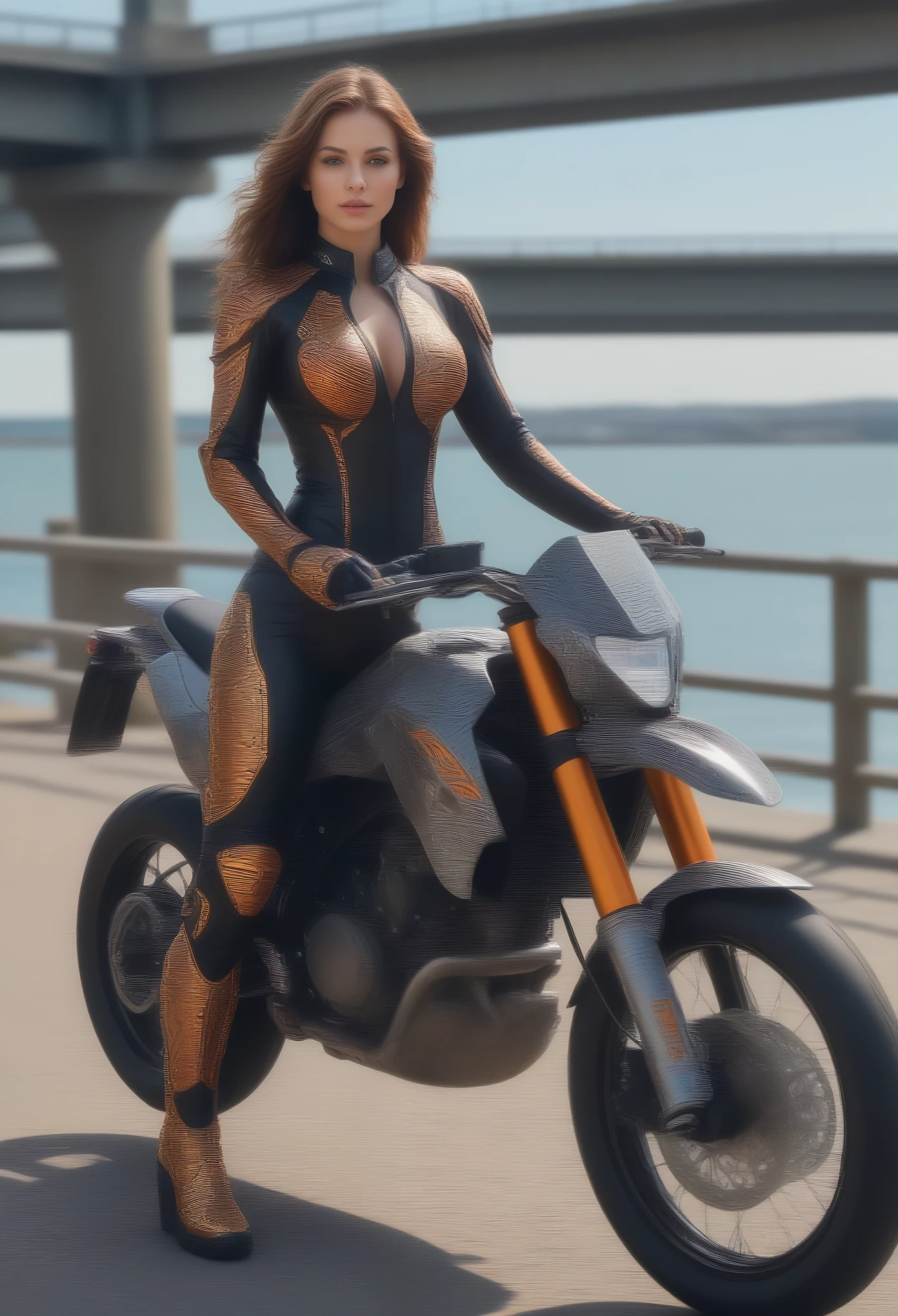 a beautiful female cyborg woman with shoulder-length hair, riding a KTM 450 motocross motorcycle on a wharf scene, glamorous figure, slim body, magnificent anatomy, 1/2 body crop, (intricate details:1.12), (intricate details, hyper-detailing:1.15), (natural skin textures, hyper realistic, soft light, sharp:1.2), HDR, best quality, 4k, 8k, highres, masterpiece, absurdres