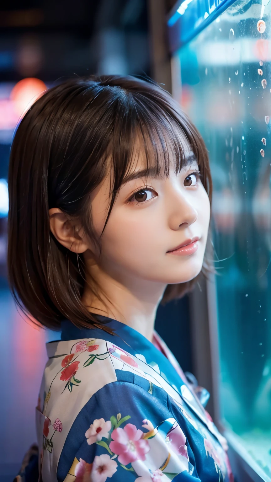 Japanese、woman、30 years old、A randomly generated person with diverse facial features hairstyle、Perfect Anatomy,Aquarium、High angle