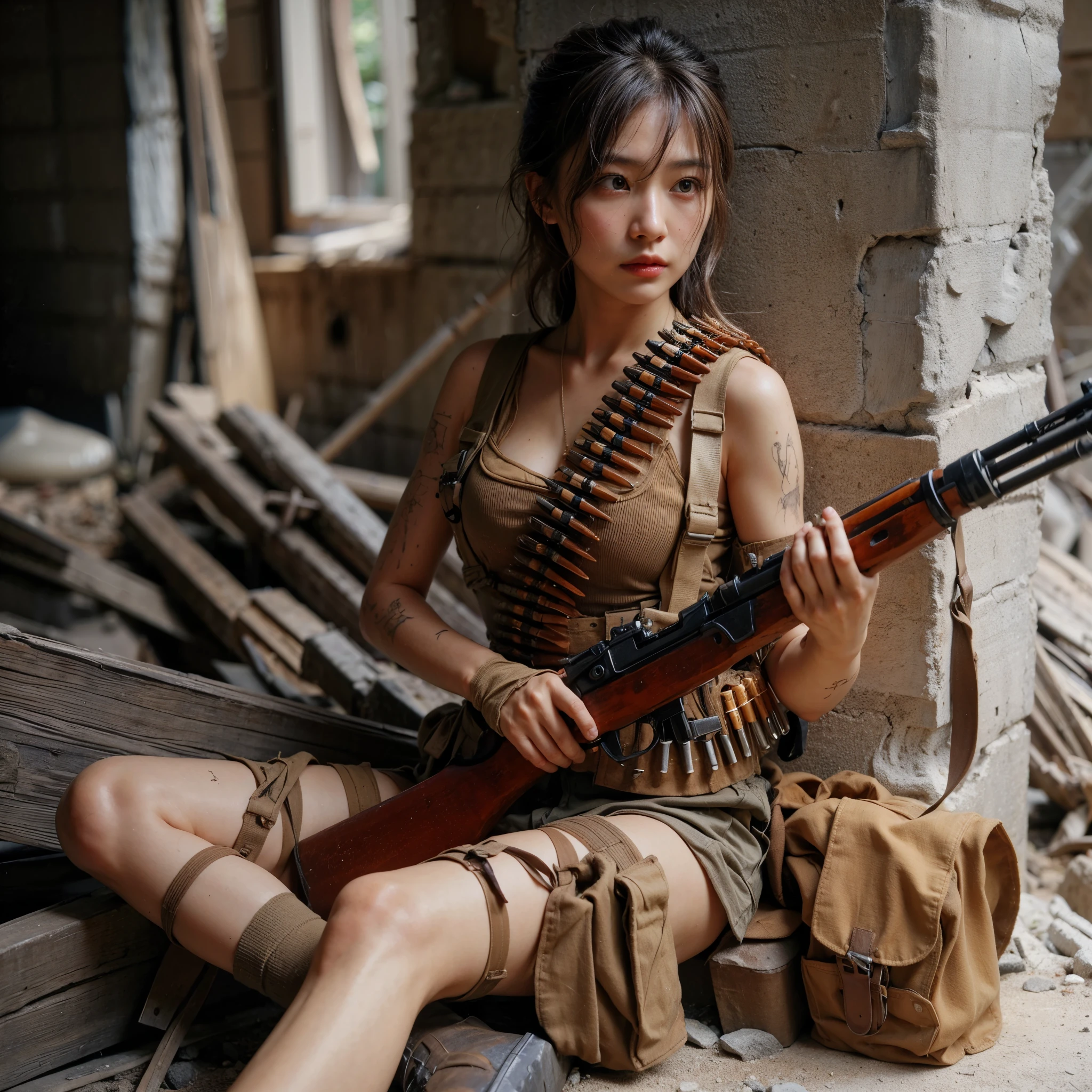 8k,Realistic Photo, Realistic Skin Texture, Superrealism, WWII, Infantry Rifle, Simple Wooden Armor, Old Japanese Army Female Soldier, Wiggy Head, Beautiful Face, Dirt, Leg Band, Very Complex Details, Very Realistic Texture, Sweat, Moving, Alert, DamagedAncient ruins background, photo realistic, taken with Fuji film X-T30+Nokton. HDR10