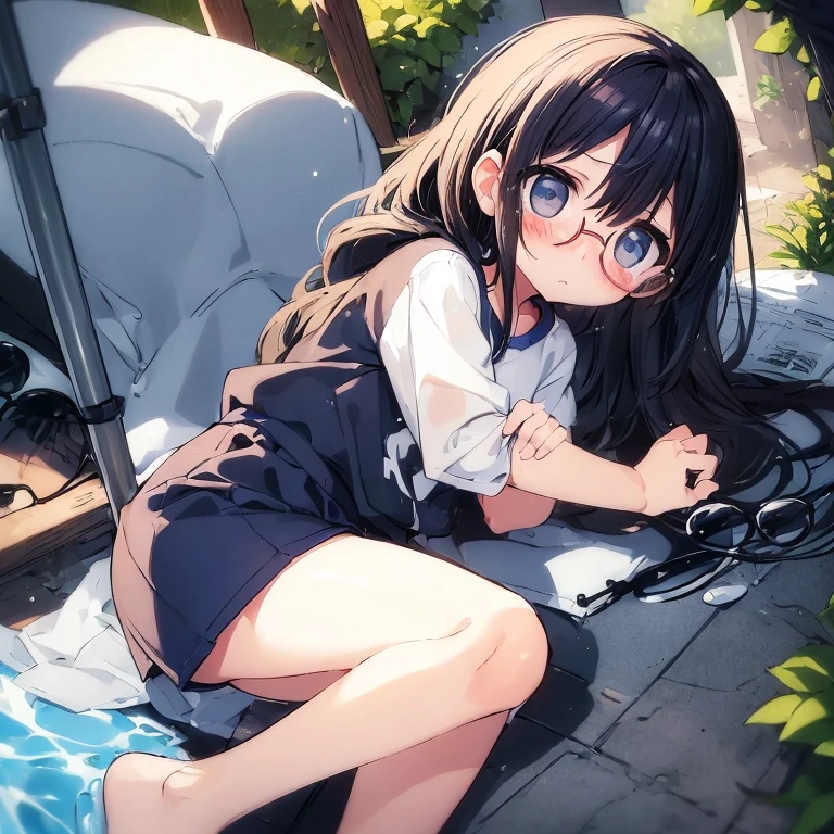 (big round glasses:1.3)、(Timid girl、sorrow、blush、Watery eye:1.2)、Long black hair、White short sleeve shirt、Navy blue shorts、(Gym suit)、 body、Flat body