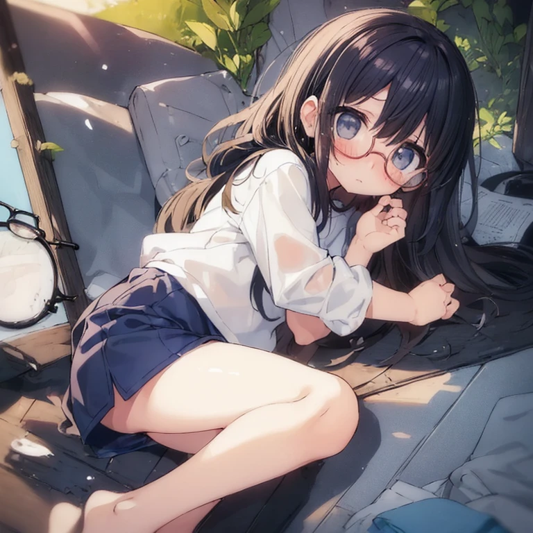 (big round glasses:1.3)、(Timid girl、sorrow、blush、Watery eye:1.2)、Long black hair、White short sleeve shirt、Navy blue shorts、(Gym suit)、 body、Flat body