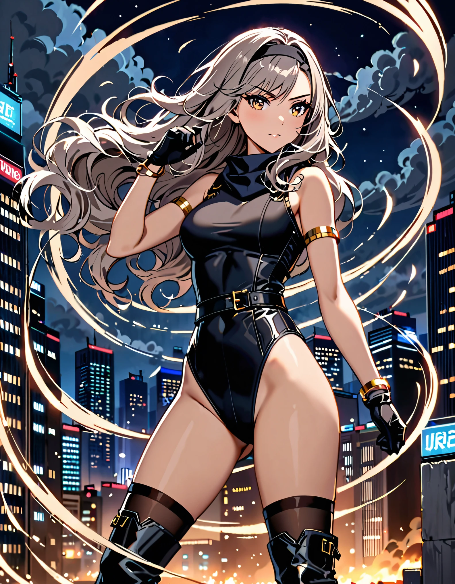 masterpiece, best quality, 1girl, grey hair, shoulder length hair, wavy hair, black hairband, auburn eyes, beautiful detailed eyes, beautiful detailed face, cute face, stoic, professional, ninja, black leotard, black tactical gloves, bare legs, gold bracelets, black thigh-high boots, cityscape, night, noir atmosphere. spins in place like a (tornado), spins like a tornado, (she spins) at an incredible speed, creating a whirlwind of air around her, spiral lines around, cyclone winds around, tornado spinning.