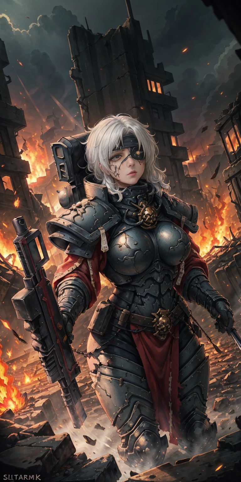 (masterpiece:1.2), (best quality:1.2), perfect eyes, perfect face, perfect lighting, 1girl, mature whsororitas with a laser rifle in her hands, scar over one eye, eyepatch, red tabard, white hair, warhammer 40k, chaos, fire, scifi, detailed ruined city background, power armor