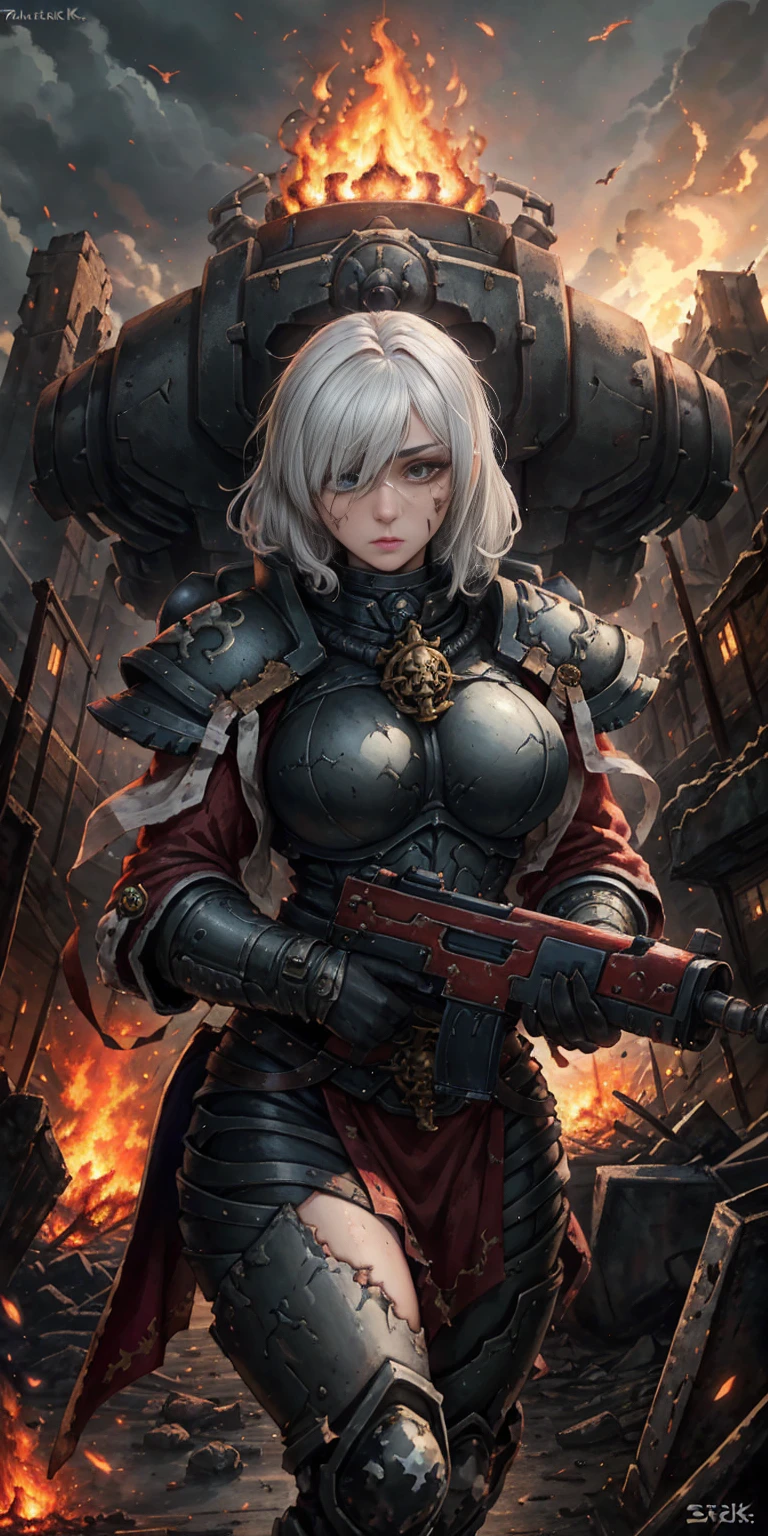 (masterpiece:1.2), (best quality:1.2), perfect eyes, perfect face, perfect lighting, 1girl, mature whsororitas with a laser rifle in her hands, scar over one eye, eyepatch, red tabard, white hair, warhammer 40k, chaos, fire, scifi, detailed ruined city background, power armor