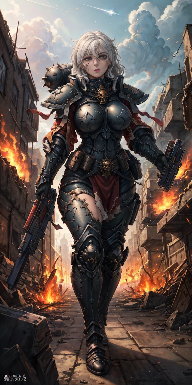 (masterpiece:1.2), (best quality:1.2), perfect eyes, perfect face, perfect lighting, 1girl, mature whsororitas with a laser rifle in her hands, scar over one eye, eyepatch, red tabard, white hair, warhammer 40k, chaos, fire, scifi, detailed ruined city background, power armor