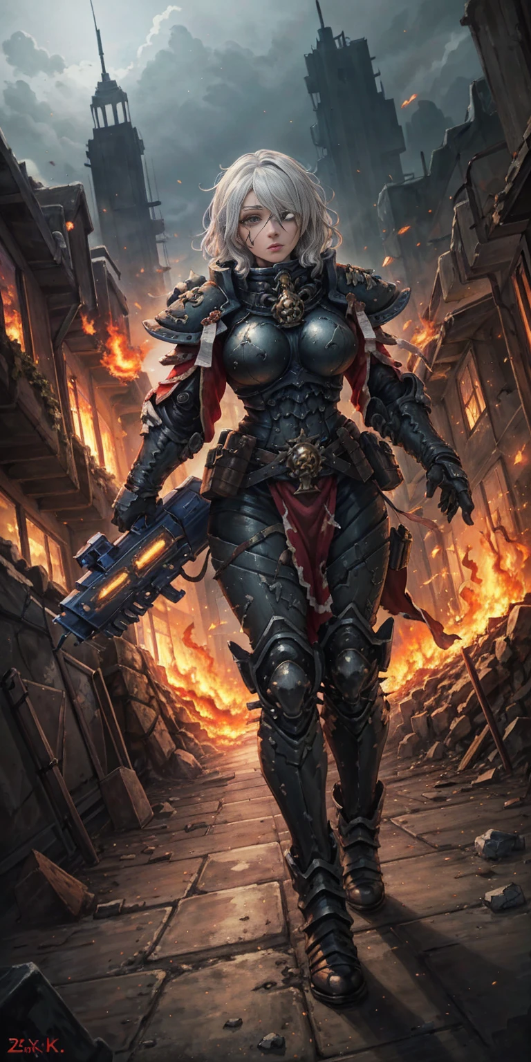 (masterpiece:1.2), (best quality:1.2), perfect eyes, perfect face, perfect lighting, 1girl, mature whsororitas with a laser rifle in her hands, scar over one eye, eyepatch, red tabard, white hair, warhammer 40k, chaos, fire, scifi, detailed ruined city background, power armor