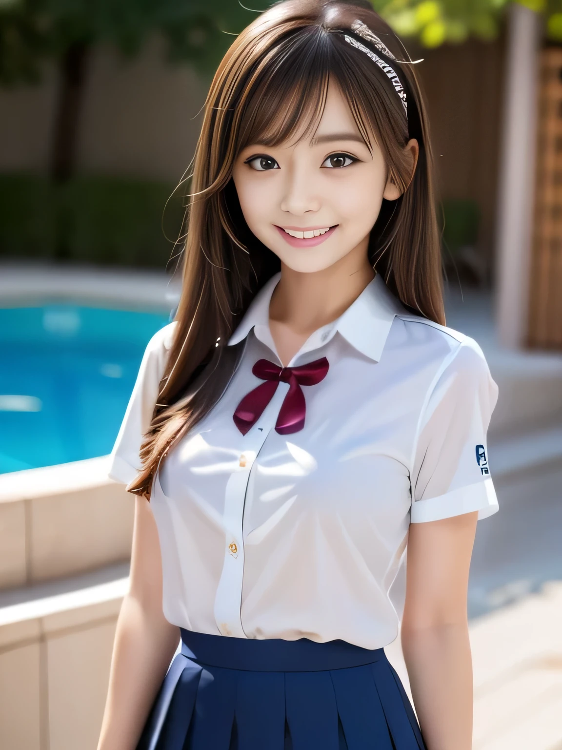 highest quality,Ultra-high resolution,Cute Japanese Women,Big eyes,double eyelid,smile,looking at the camera,uniform,,mini skirt,Thighs,Summer poolside