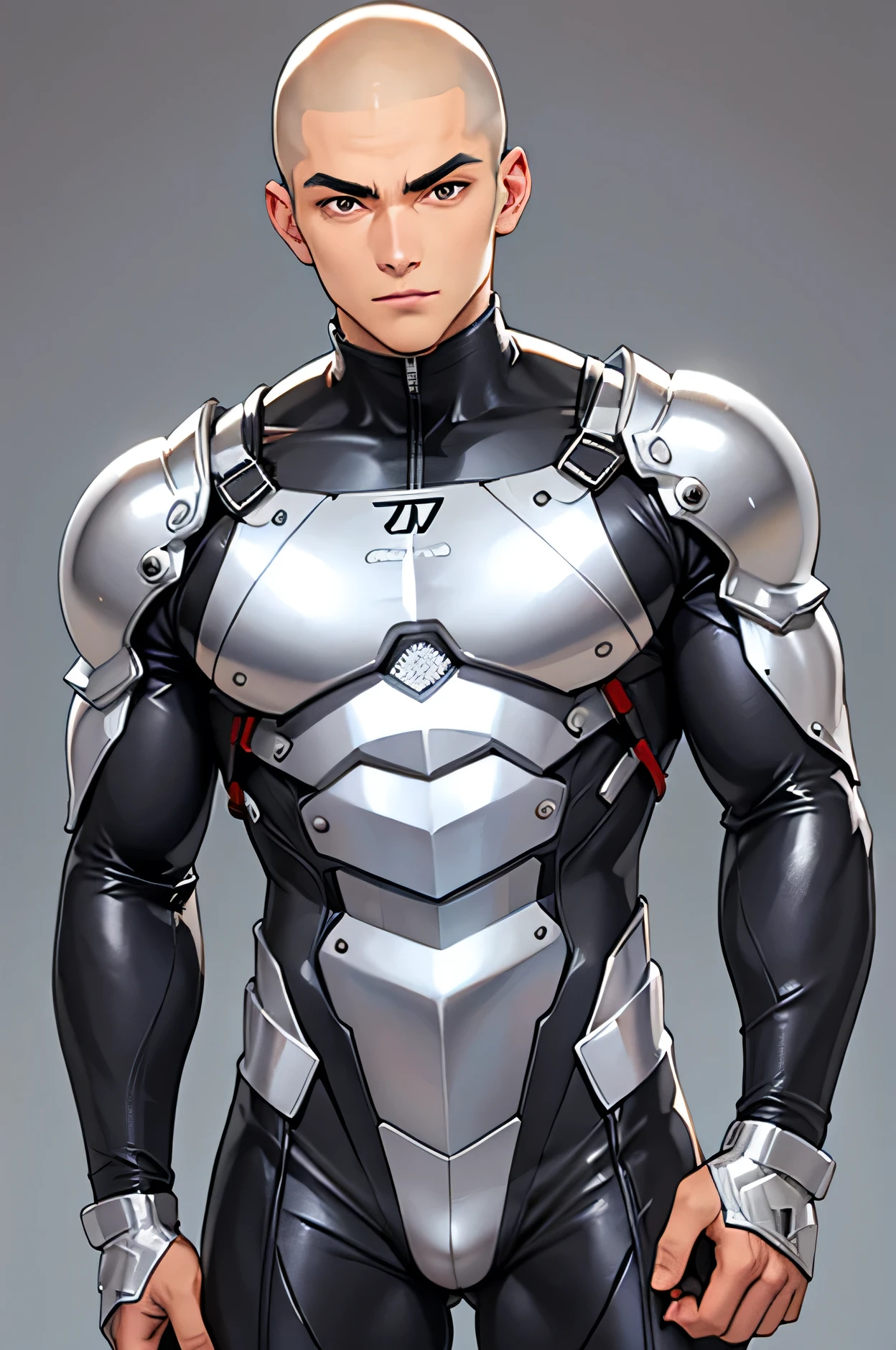 Handsome Japanese 18 years old Shaved head A tight silver metal bodysuit The whole body is visible Light background