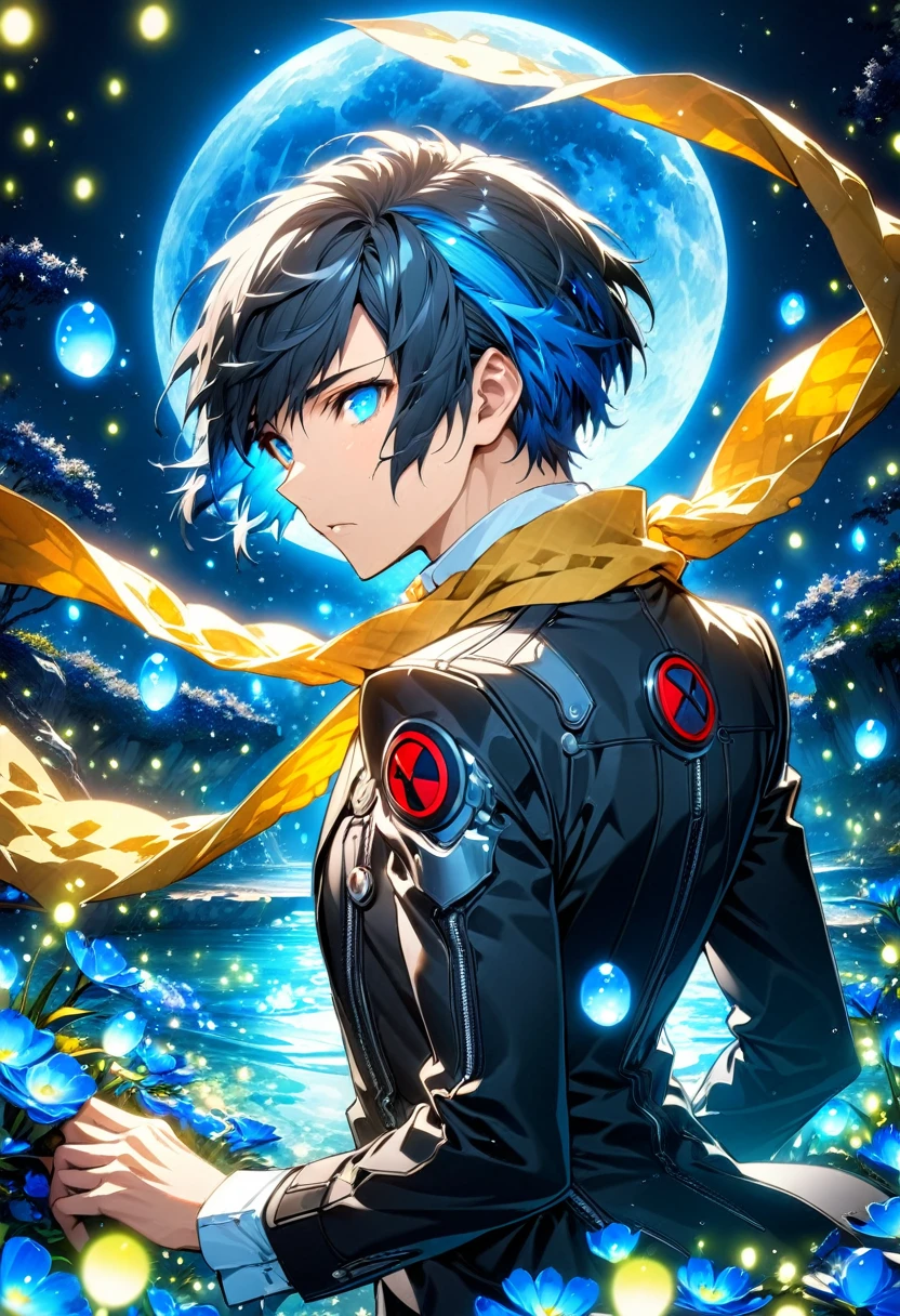 absurdres, highres, ultra detailed, HDR, masterpiece, Mochizuki Ryoji, black hair, ruffled back, expressive blue eyes, Persona 3, solo, sexy man, handsome, yellow scarf, black jacket, white shirt, magical, fantasy, water, blue moon, starry, blue fireflies, blue flowers