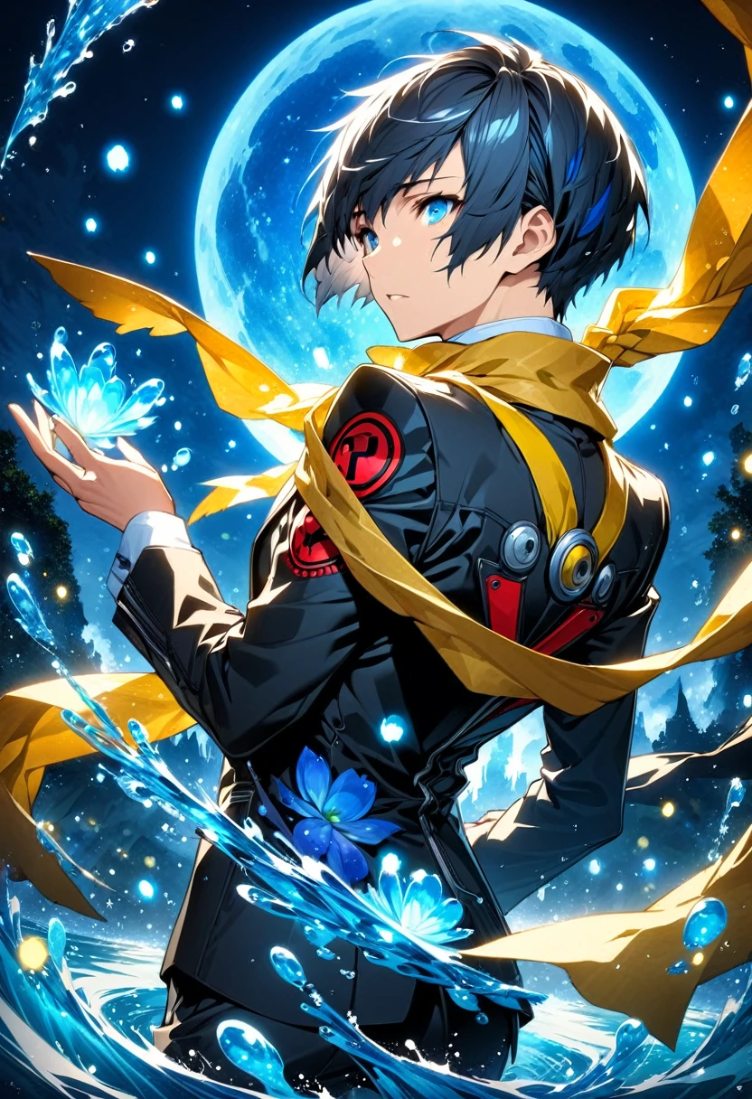 absurdres, highres, ultra detailed, HDR, masterpiece, Mochizuki Ryoji, black hair, ruffled back, expressive blue eyes, Persona 3, solo, sexy man, handsome, yellow scarf, black jacket, white shirt, magical, fantasy, water, blue moon, starry, blue fireflies, blue flowers