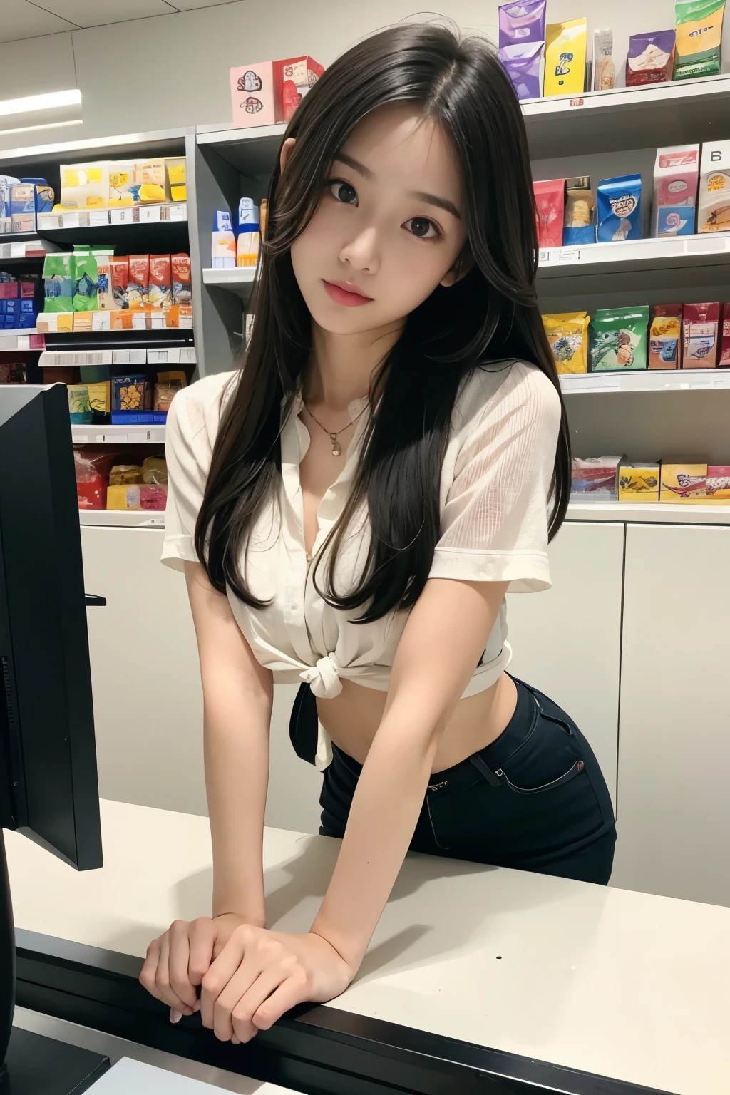 table top、highest resolution、The Convenience Store of the Future、Convenience store clerk、30 year old girl、1Female clerk、looking at the camera、Please finish it like the picture.、Cash register and beauty、Your skin is white and pretty、Hair is short and beautiful、interior color、You should tie your hair back、slim、Your legs are thin and pretty