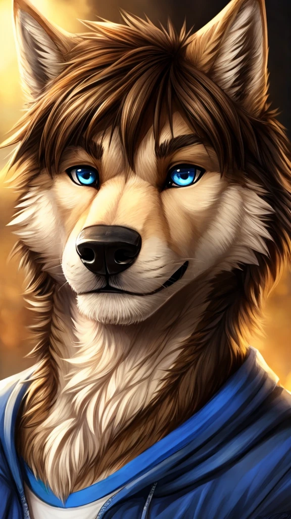 a tan male furry wolf, cute snout, black nose, tan ears, brown shaggy hair, blue eyes, looking ahead