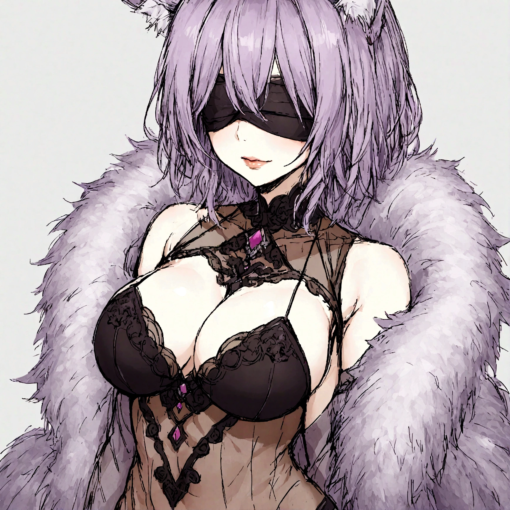 a sexy milf with a blindfold on, has long purple hair, wearing fur lined sheer robe, breasts, showing cleavage, has fox ears