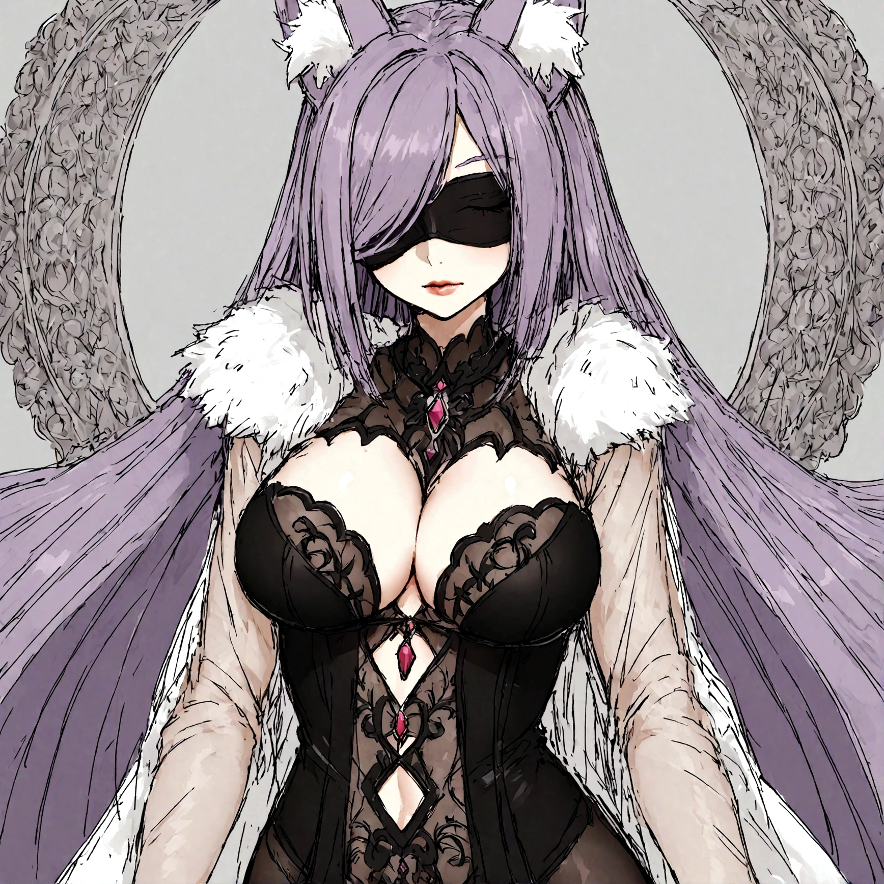 a sexy milf with a blindfold on, has long purple hair, wearing fur lined sheer robe, breasts, showing cleavage, has fox ears