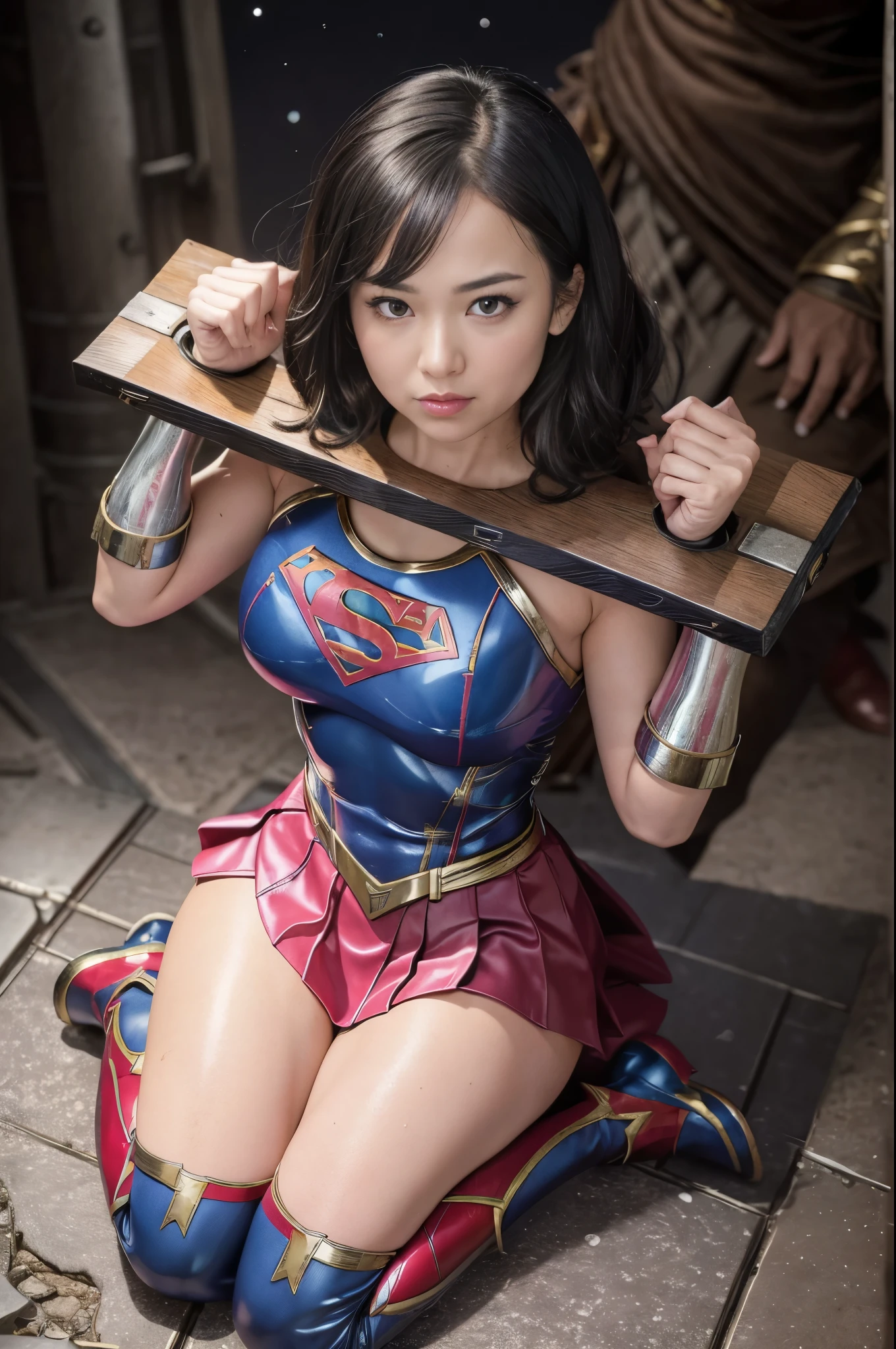 masterpiece,highest quality, 超A high resolution, (Realistic), RAW Photos, Octane Rendering, ((Wearing a Supergirl costume, Being restrained)), ((Pillory:1.5)), ((詳細なPillory)), Flail on the head, Flail on the hands, Flail on the neck, Flail, Confused expression:1.2, Mature Woman, (36 years old), Plump face:1.2, sexy, highest quality, Very detailed, Very accurate, One Woman, ((Wearing a Supergirl suit, Being restrained)), (An elaborate Supergirl suit, Intricate Design), ((Halter neck, Mini Pleated Skirt, Exposed thighs, Long gloves, Latex Thigh Boots, Stiletto heels,tiara)), ((Shiny Suit)), Black-haired:1.3, Short Bob Hair:1.2, Big eyes:1.3, Droopy eyes:1.2, Solid eye makeup:1.3, Large Breasts:1.1, Detailed eyes:1.4, Looking at the viewer:1.2, whole body, From above, Big full moon, Moonlit Night, Starry Sky, Pink and red interpolated colors,