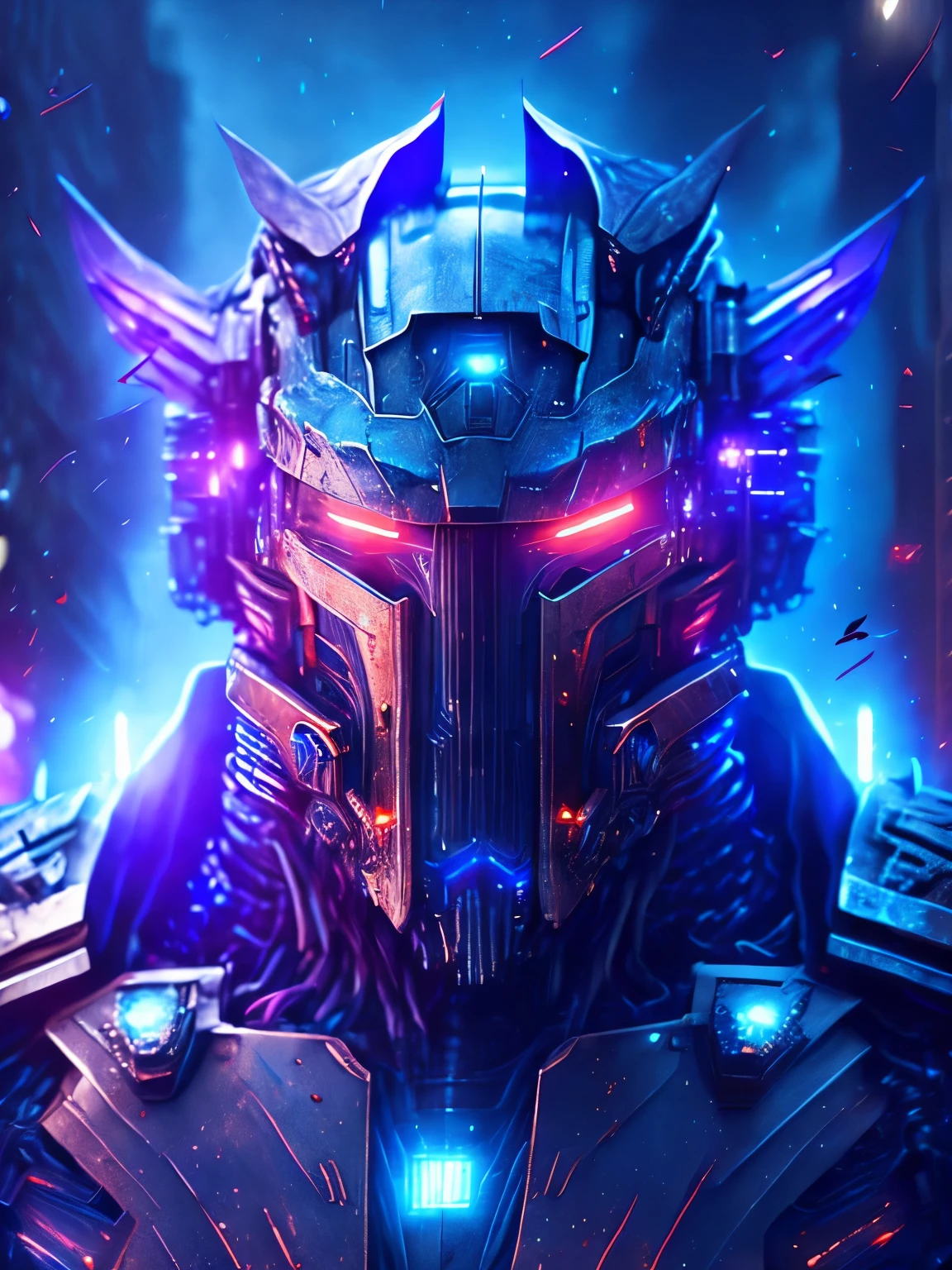 gloomy portrait of Optimus Prime, extremely detailed, futuristic cityscape, nighttime, glowing neon lights, smoke, sparks, metal shavings, flying debris, blue energy effects, volumetric light