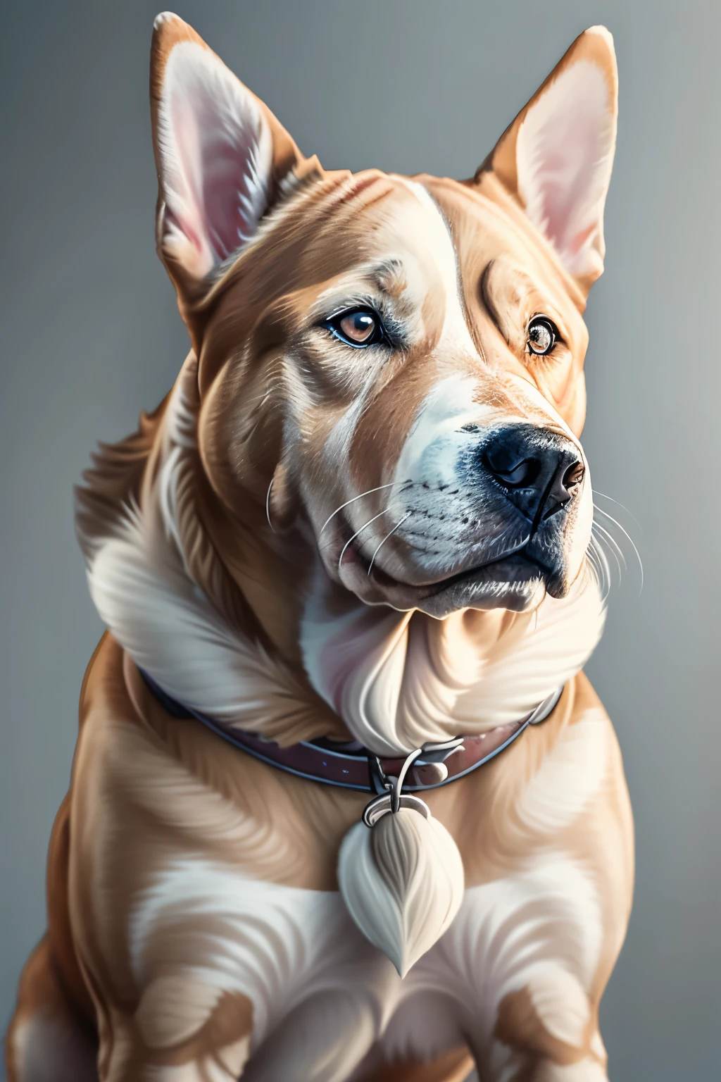 A highly detailed and photorealistic illustration of an American Bullie dog, sporting a unique gray-brown and white coat pattern, captured in ultra-high definition (UHD). With snout upturned, eyes gleaming with intelligence, and sharp teeth bared in a playful grin, this magnificent creature is featured against a softly lit background, fostering an atmosphere of tranquility and serenity. The intricate details of the dog's fur, muscles, and expressive features are showcased as if in a lifelike portrait, leaving viewers captivated by the masterpiece presented before them.