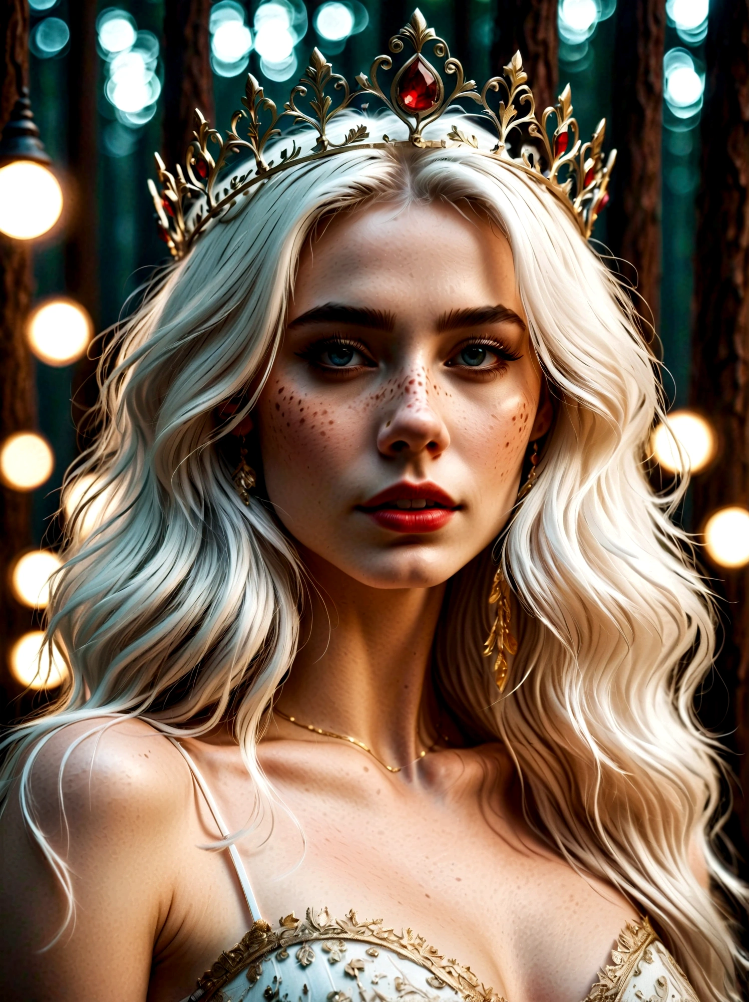 a girl with long white hair, White skin, Red eyes, In a forest of movie lights, Darkness and Low Light, She wore a white dress with gold accents, Her eyes are focused, Looking at the audience, Fair skin, Exquisite and flawless face, Artwork of the highest quality, art film lighting, film tone, neutral filter, multicolored hair, colored inner hair, tiara, fangs, fingersmile, Gothic art, cinematic lighting, first-person view, cowboy shot, masterpiece, 8k, UHD, retina, accurate, anatomically correct, textured skin, award winning, super detail, best quality, 8k