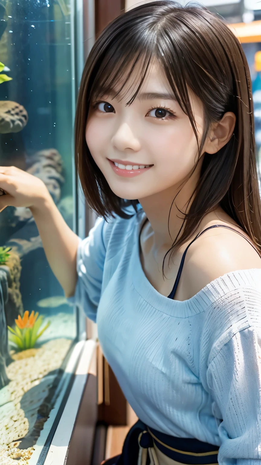 Japanese、Age 25、older sister、A randomly generated person with diverse facial features hairstyle、Perfect Anatomy,Aquarium、Reaching for the camera、High angle