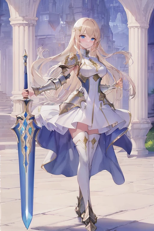 (master piece:1.3, best quality:1.3, ultra detailed:1.3), CG, 8k, illustration, cute face, kawaii,1girl, solo, shiny hair, shiny skin, blond long hair, straight hair, laugh, BREAK, blue eyes, BREAK, (Standing Upright), natural hand poses, (face and body straight at the camera:1.3), (full body:1.3), 1.7m talls, tall height, medium breasts, medium ass, (elegant face), Holy Knight, hold one large great sword, BREAK, (elegant white mini dress), BREAK, (equipped with gold chest armor:0.8, arm armor:0.9, waist armor, armored boots), (fantasy world:1.4), castle garden, outdoor,