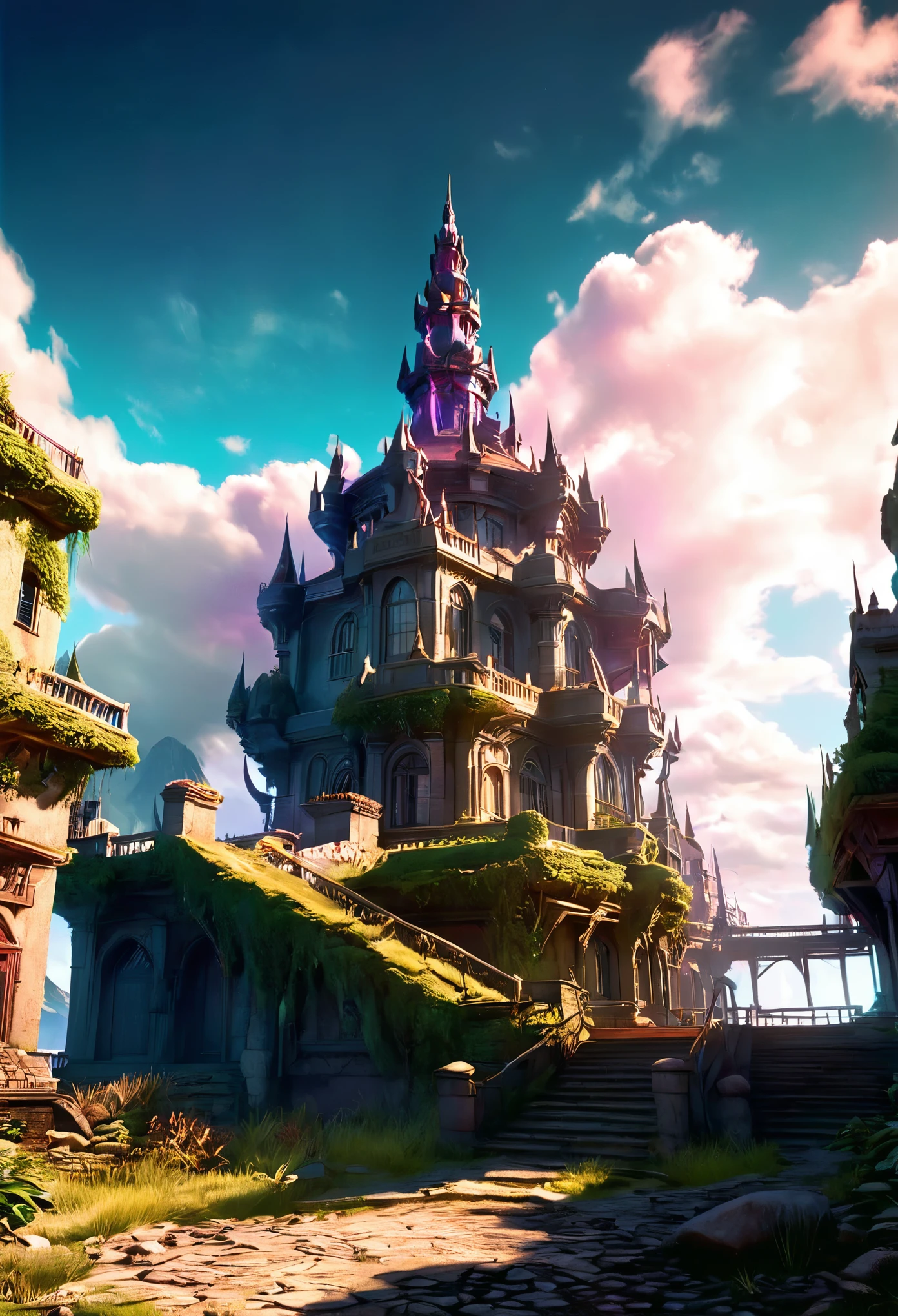 high quality, 8k, extremely detailed, (best quality:1.2), ultra-detailed, (realistic:1.37), photorealistic, physically-based rendering, concept art, moody lighting, ambient occlusion, volumetric lighting, cinematic, epic scale, vast open world, lush vegetation, intricate architecture, stone ruins, mysterious atmosphere, fantasy, adventure, epic fantasy, dramatic, (buddy landel style:1.1), futuristic, advanced technology, neon lights, glowing energy, floating structures, dramatic skies, dramatic clouds, vibrant colors, warm color palette