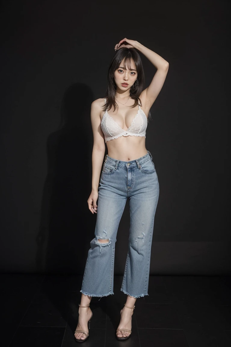 (highest quality,8k,32k,masterpiece,Ultra-high resolution:1.2),((Sexy expression:1.2)), ((Medium Hair,Beautiful bangs:1.5)), Shooting from directly in front:1.2, Professional Lighting, Flash photography:1.5, Shaded photos,((Cleavage:1.5)),((small breast)), (full body:1.5, long shot:1.5), (Head to Toe:1.8), Choker Necklace, ((Plain black background and floor:1.8)), (A Horizon Photography Studio with a plain black background:1.8),((black clothes with a wide open chest:1.5)),((Wide-leg denim pants:1.5)), ((Black stiletto heels:1.2)), ((I can't look directly at the nipples:1.5, Know the shape of your nipples:1.6))