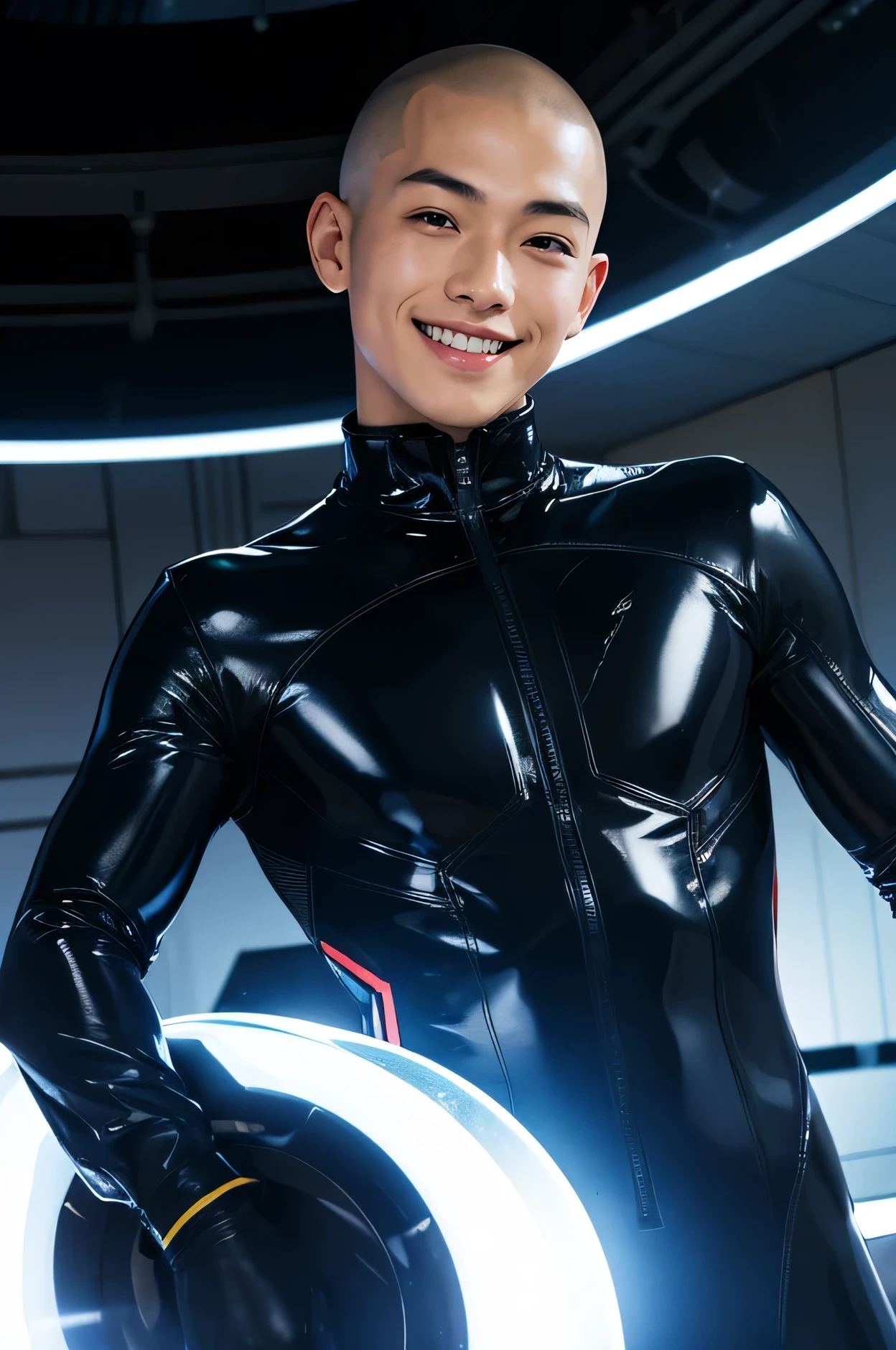 Handsome Japanese 16 year old　Beautiful boy　　Shaved head　Skinhead　smile　　　A very tight plain navy rubber suit　SF 　future　universe　Science fiction