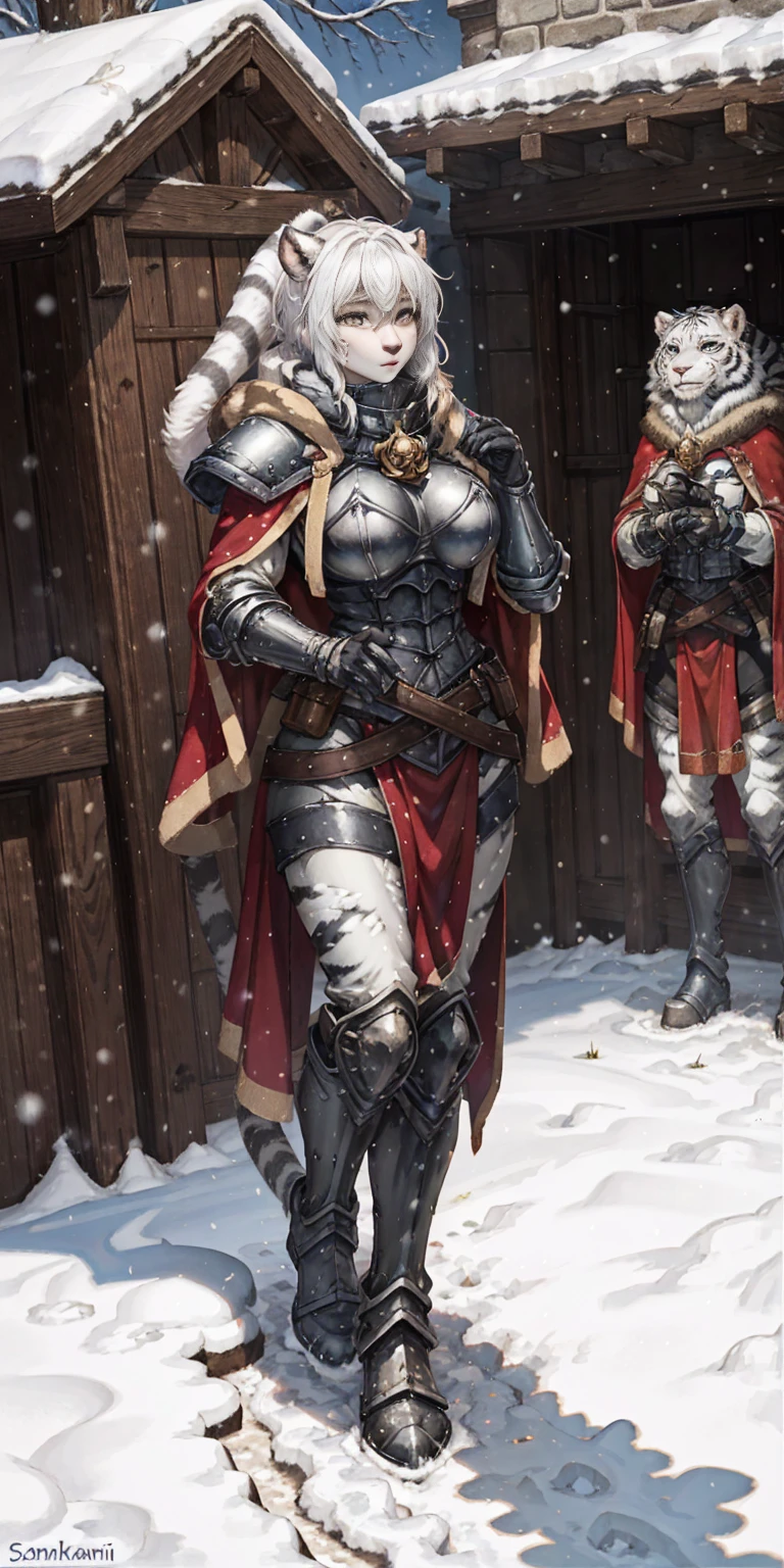 Furry white tiger woman stands on the street of a snowy castle, wearing shining armor (armor with a mirror surface) and a fur cape, winter, snowing, Medieval times, fantasy, white tiger woman, (Women - White Tiger), (Furry), Sakimichan art, white and black palette