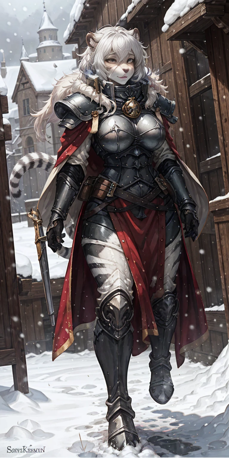 Furry white tiger woman stands on the street of a snowy castle, wearing shining armor (armor with a mirror surface) and a fur cape, winter, snowing, Medieval times, fantasy, white tiger woman, (Women - White Tiger), (Furry), Sakimichan art, white and black palette