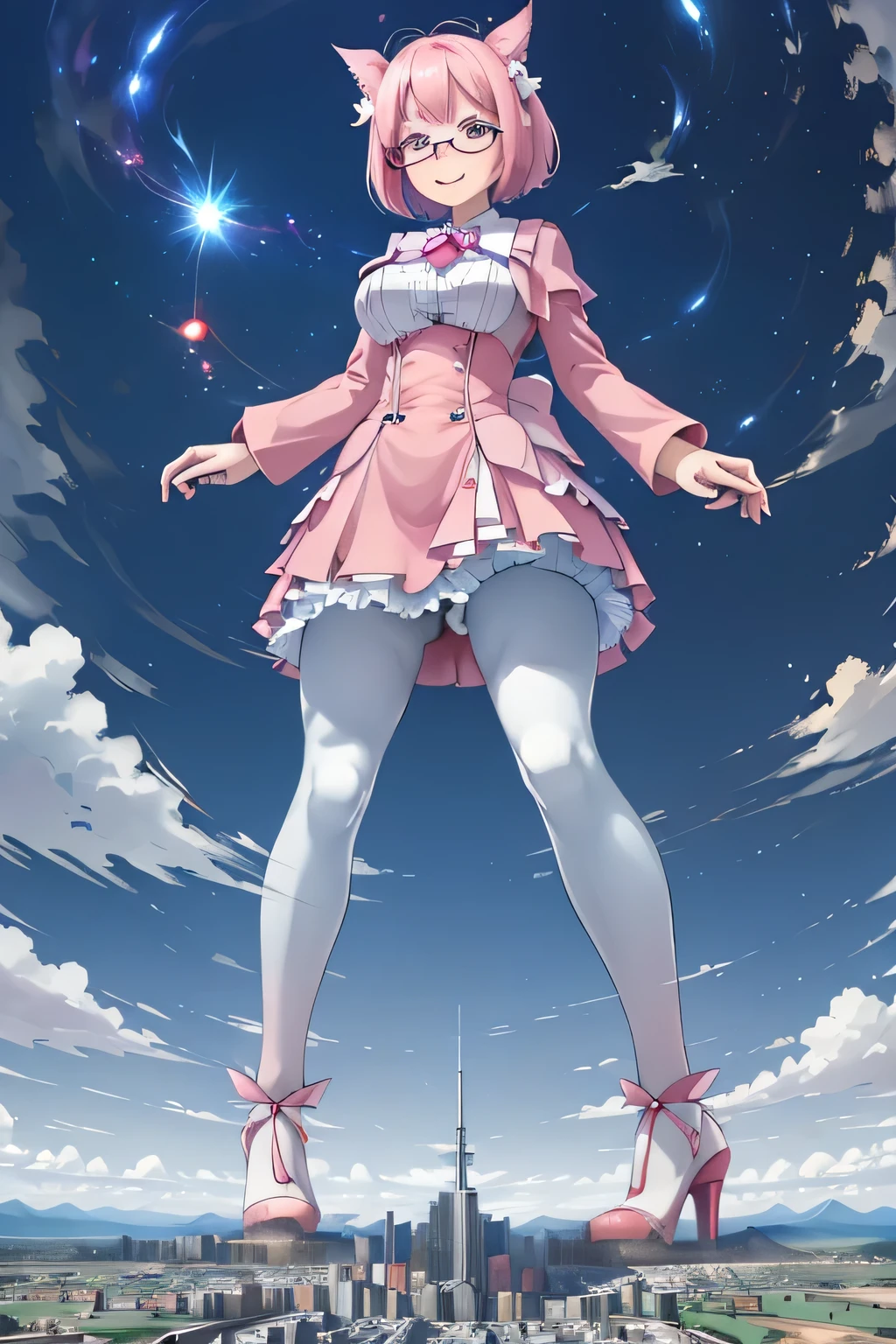 giantess art, highly detailed giantess shots, giantess, Two legs, Five fingers, short hair, A beautiful girl who is bigger than a skyscraper, Wearing rimless glasses, smile, Big Breasts, pink dress, bow, magical girl, magical wand, black pantyhose, pink stiletto heels, Lightning from a wand, Destroying cities, A very small big city, Miniature metropolis, Full body description, GTS, giga giantess, stomping city, crash city, tiny city, micro city, pantyhose feet, High resolution, highest quality, masterpiece,