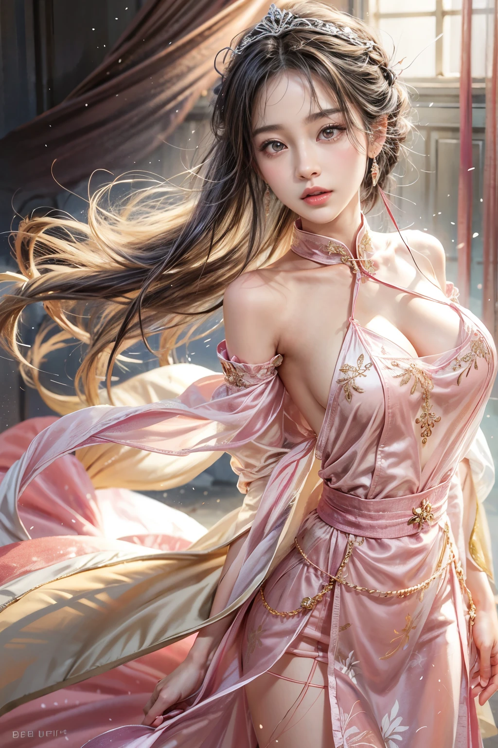 Gentle and attractive Chinese beauty, Half-body photo, Delicate and sexy collarbone, Attractive oval face, double eyelid, Bright pink eyes, Pink Lips, Small Nose, Exposing shoulders, Concentrated face, Face close-up, tiara, silk chinese long dress, Ultra high definition, Super Detail, Elegant standing posture, Ultra-fine light-transmitting wet yarn, huge firm bouncing bust, dynamic sexy poses