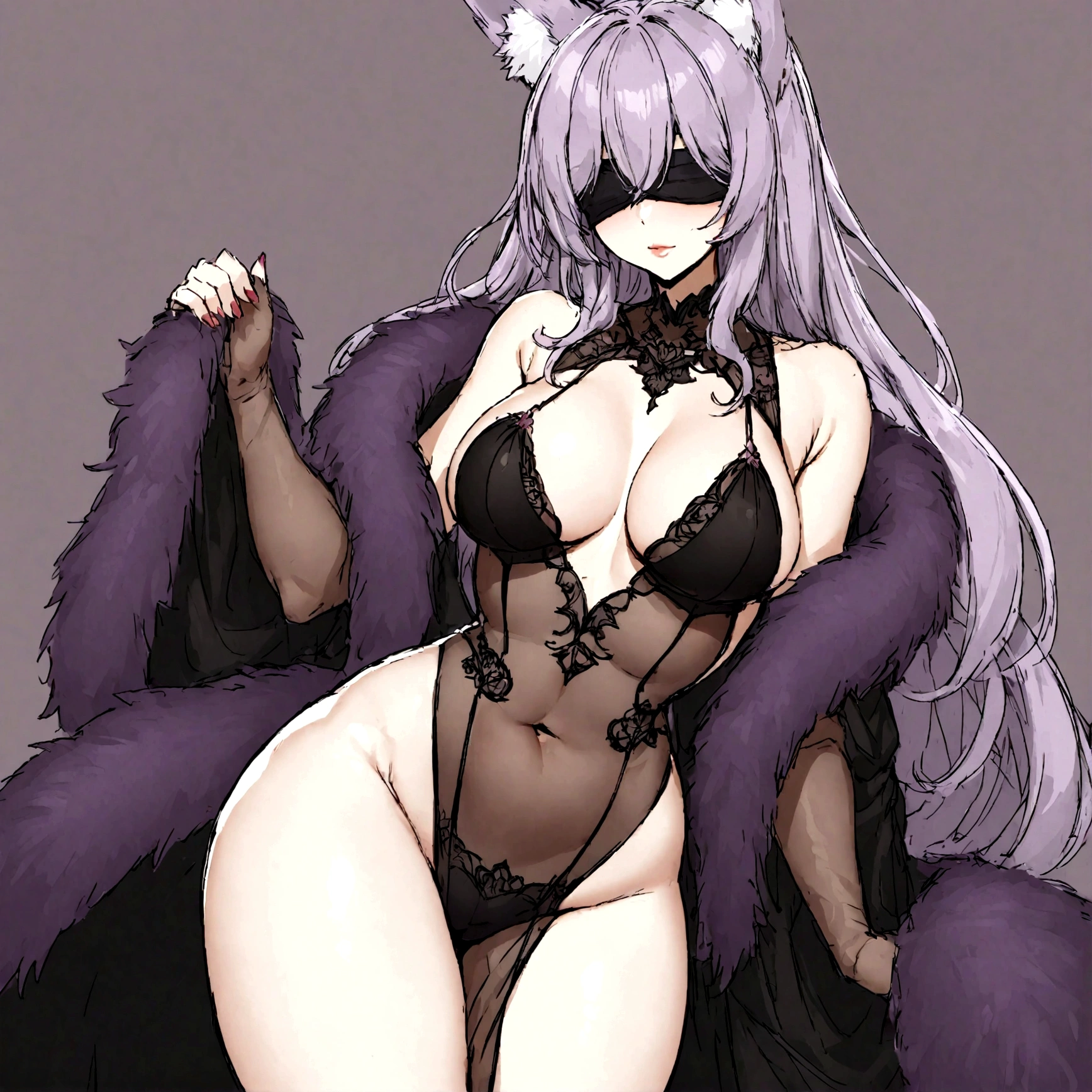 a sexy milf with a blindfold on, has long purple hair, wearing fur lined sheer robe, breasts, showing cleavage, has fox ears