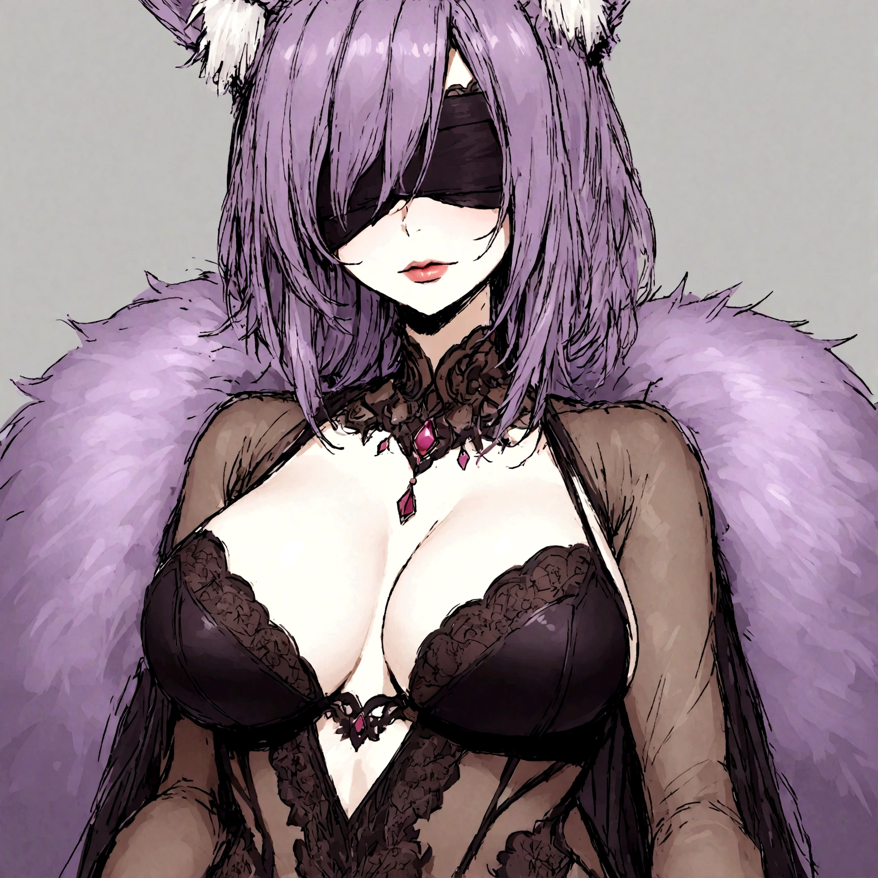 a sexy milf with a blindfold on, has long purple hair, wearing fur lined sheer robe, breasts, showing cleavage, has fox ears