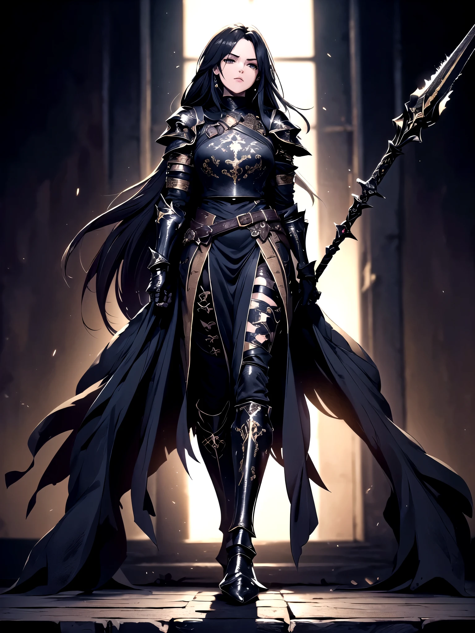 (((masterpiece, best quality, 8k))) Design a layout showcase Gaming character, (1girl),((perfect face, high detailed face)). Black+Gold clothes, opulent and dark, ((showcase weapon:1.4)), cursed blade, (masterpiece:1.2), (best quality), 4k, ultra-detailed, (Step by step design, layout art:1.5), (gloomy lighting, cursed atmosphere), dark knight, ((cursed gloves)), (((revealing armor:1.3))), dark vambraces, cursed boots, (((full_body_shot:1.4)))
