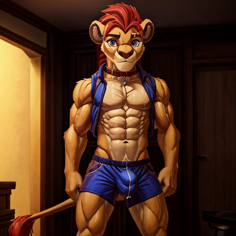 a high resolution, (((masterpiece))), 8K, excellent lighting, detailed face and body,4K, a high resolution, Best quality, masterpiece, Perfect colors, perfect shadows, Ideal lighting,.,шортыmasterpiece, detailed, beautiful digital art, masterpiece, 4K, small parts, Anthro, a lion, What, male, ((male род)), good quality anatomy, ((beautiful eyes)), Red Mane, ((beautiful hands, detailed hands)), (I look at the viewer), I look at the viewer, whole body, anime style, from NOMMZ, by Heichel, Oyuki Benten.The collar is worn around the neck. , Member, big tail, blushing, Slim, болишой Member,, soft shading, perfect anatomy, Ideal lighting, perfect focus, Bright, 1 boy, fluffy, fluffy кот, Anthroпоморфный, male, scales in tone, very big,Soft fur, detailed body, .очень high,slender, full length, there is fur,, pumped up, Slim,, , muscular, in the room, , ,submission, , high, , full length, very big рост, ,visible abs, очень pumped up, , standing, ,sweaty，Especially a lot of scars:2，Lots of scars,,afraid of the owner, boy 18 years old, very pumped up, obedient whore, broken,musculature, , personal slave, gay, a fag, kion pet, ,Slim, very Slim, very thin waist, Cute, muscular, fluffy hair, Suffocates, the collar is very tight, pain, ,очень pumped up,wants to please the viewer , очень pumped up,очень pumped up, Dominant, Very Close to the Viewer, worth it, очень pumped up, очень pumped up, Dominant,очень pumped up, , very strong，muscle,, in shorts,, Apparel, cum right in my panties, macro growth, болишой Member,shows butt,Cozy atmosphere,,inflection, painшие бицепсы,vest. (Detailed eyes). , bulge, sinewy muscles.,,(seductive face: 1.2), ideal male body.male genitalia, (perfect genitalia), ((genitalia)).(turning away from the viewer):1.1