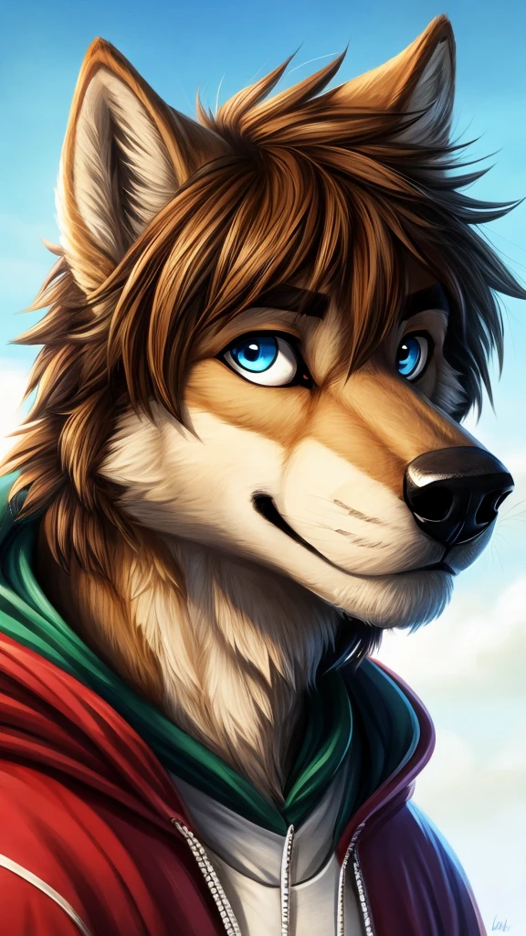 a tan male furry wolf, cute snout, black nose, tan ears, brown shaggy hair, blue eyes, looking ahead, wearing green hoodie
