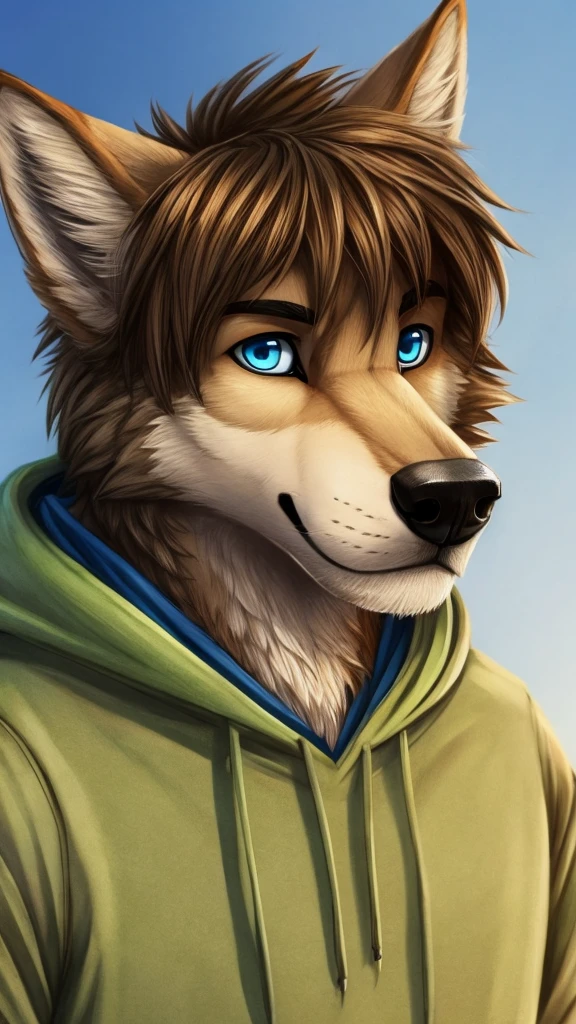 a tan male furry wolf, cute snout, black nose, tan ears, brown shaggy hair, blue eyes, looking ahead, wearing green hoodie