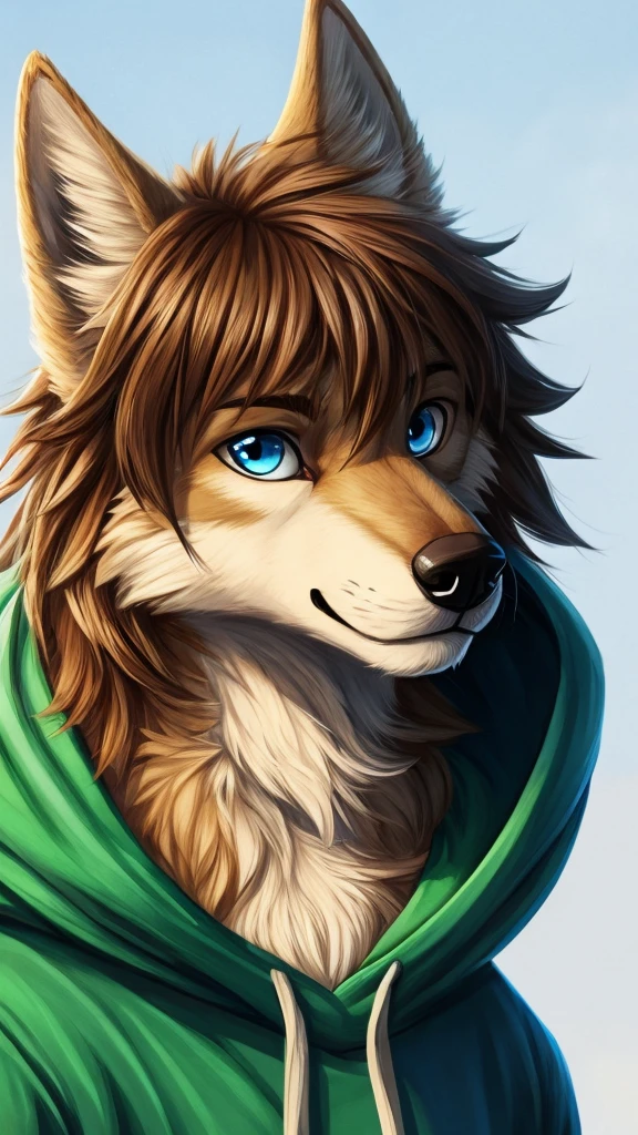 a tan male furry wolf, cute snout, black nose, tan ears, brown shaggy hair, blue eyes, looking ahead, wearing green hoodie