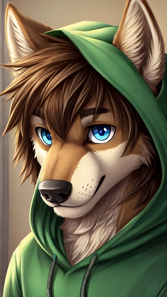 a tan male furry wolf, cute snout, black nose, tan ears, brown shaggy hair, blue eyes, looking ahead, wearing green hoodie