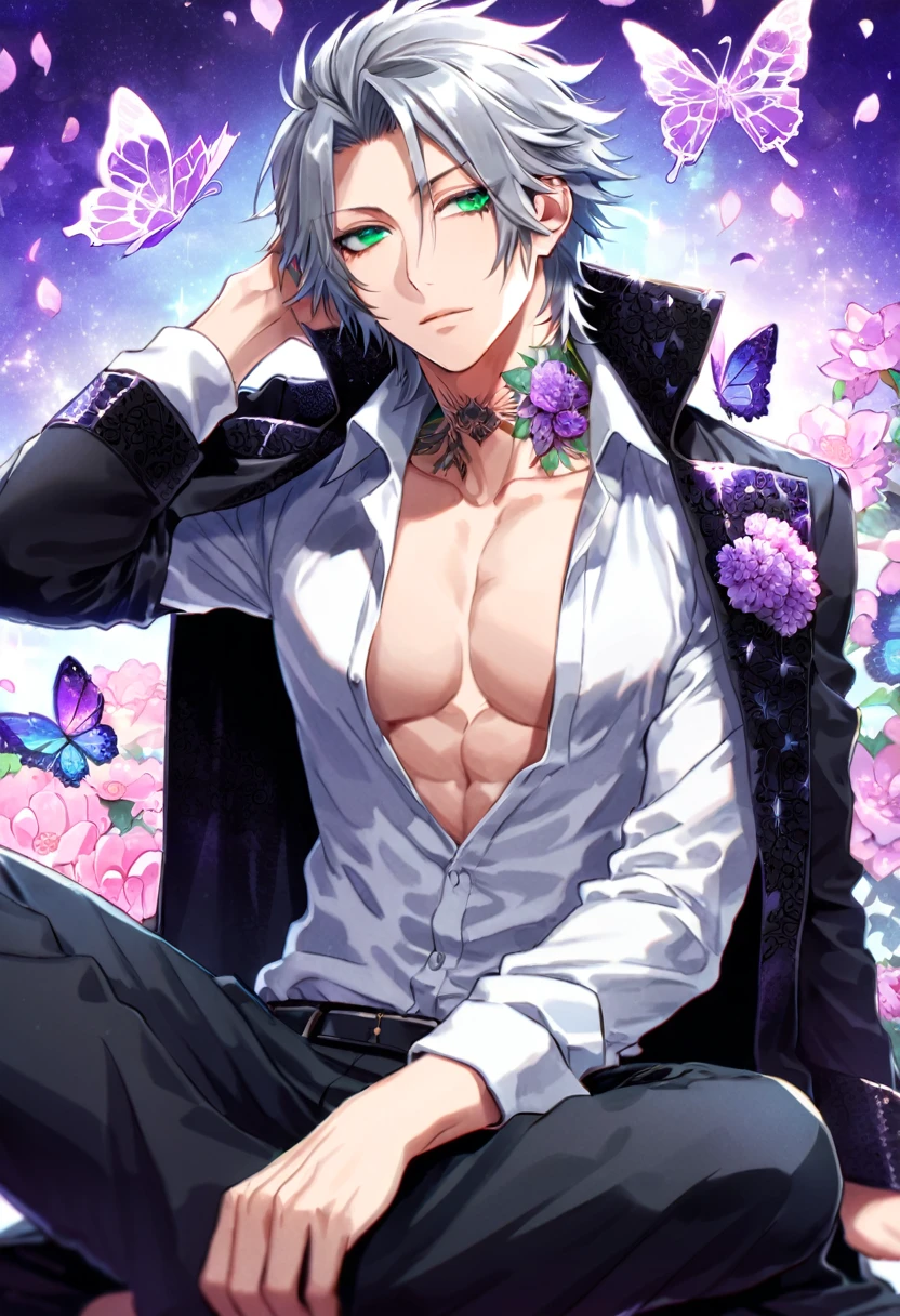 Ultra detailed, Highres, absurdres, HDR, Gokudera Hayato, gray hair, without bangs, expressive green eyes, black coat with patterns, Katekyo Hitman Reborn!, white shirt, fantasy, glittering purple butterflies, petals, handsome, sexy man, solo, very detailed eyes and face, master piece, toned chest, glittering, purple flowers, sitting, tattoo on his neck, black pants, purple background