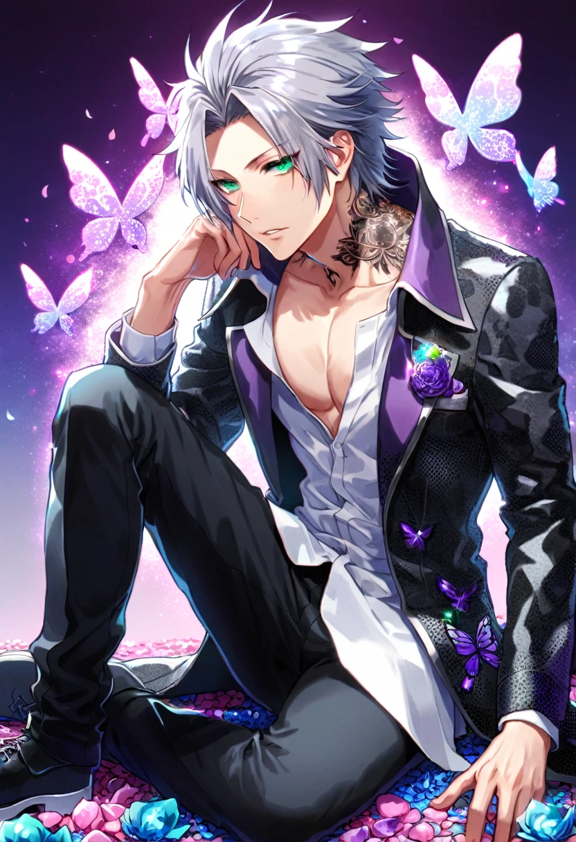 Ultra detailed, Highres, absurdres, HDR, Gokudera Hayato, gray hair, without bangs, expressive green eyes, black coat with patterns, Katekyo Hitman Reborn!, white shirt, fantasy, glittering purple butterflies, petals, handsome, sexy man, solo, very detailed eyes and face, master piece, toned chest, glittering, purple flowers, sitting, tattoo on his neck, black pants, purple background