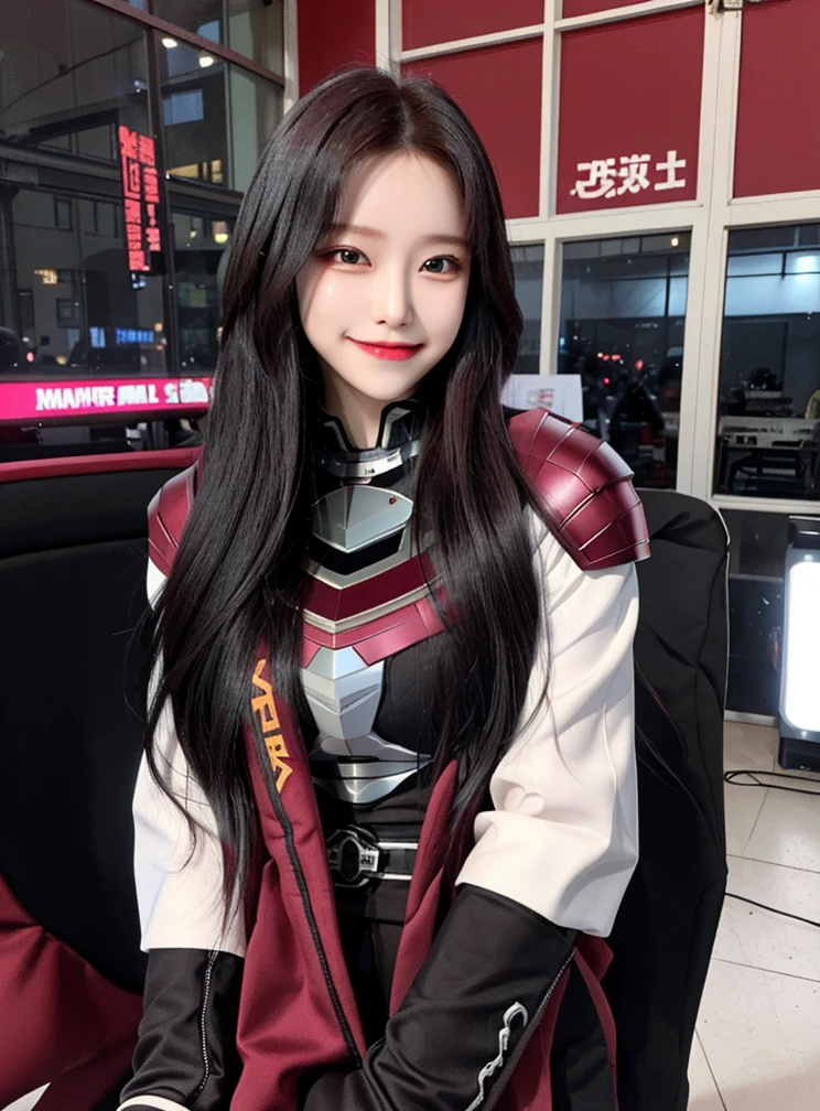 Armoured girl, realistic, long hair, maroon black robotics, smile,