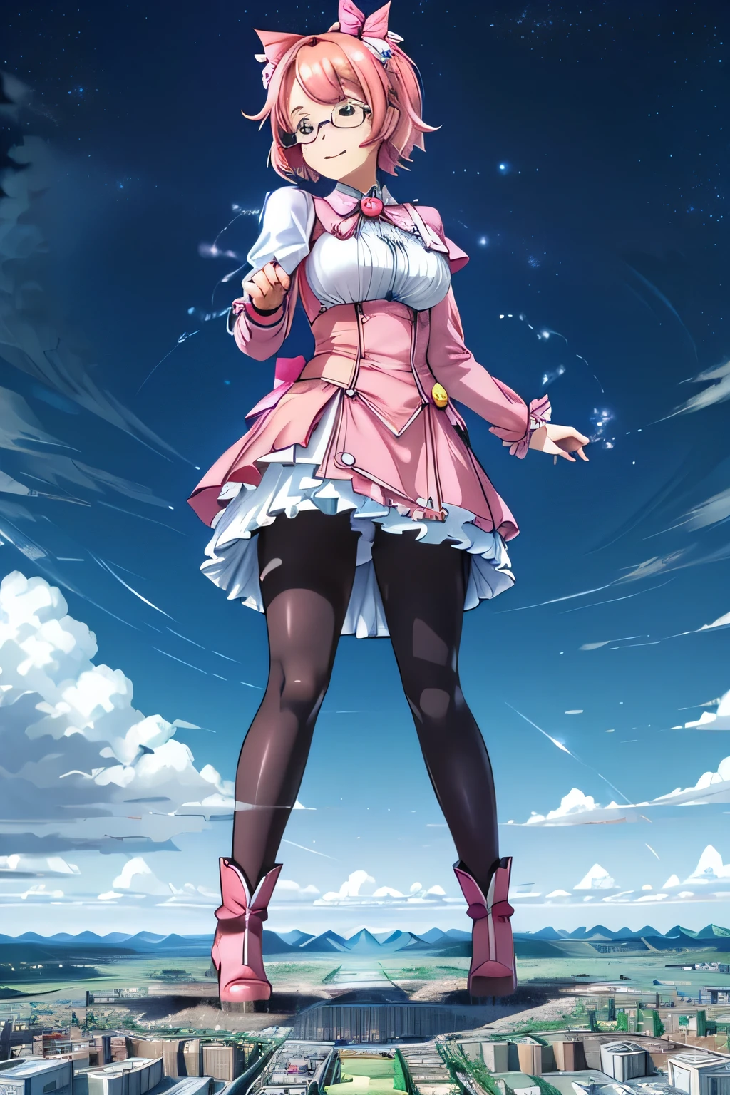 giantess art, highly detailed giantess shots, giantess, Two legs, Five fingers, short hair, A beautiful girl who is bigger than a skyscraper, Wearing rimless glasses, smile, Big Breasts, pink dress, bow, magical girl, magical wand, black pantyhose, pink stiletto heels, Lightning from a wand, Destroying cities, A very small big city, Miniature metropolis, Full body description, GTS, giga giantess, stomping city, crash city, tiny city, micro city, pantyhose feet, High resolution, highest quality, masterpiece, 