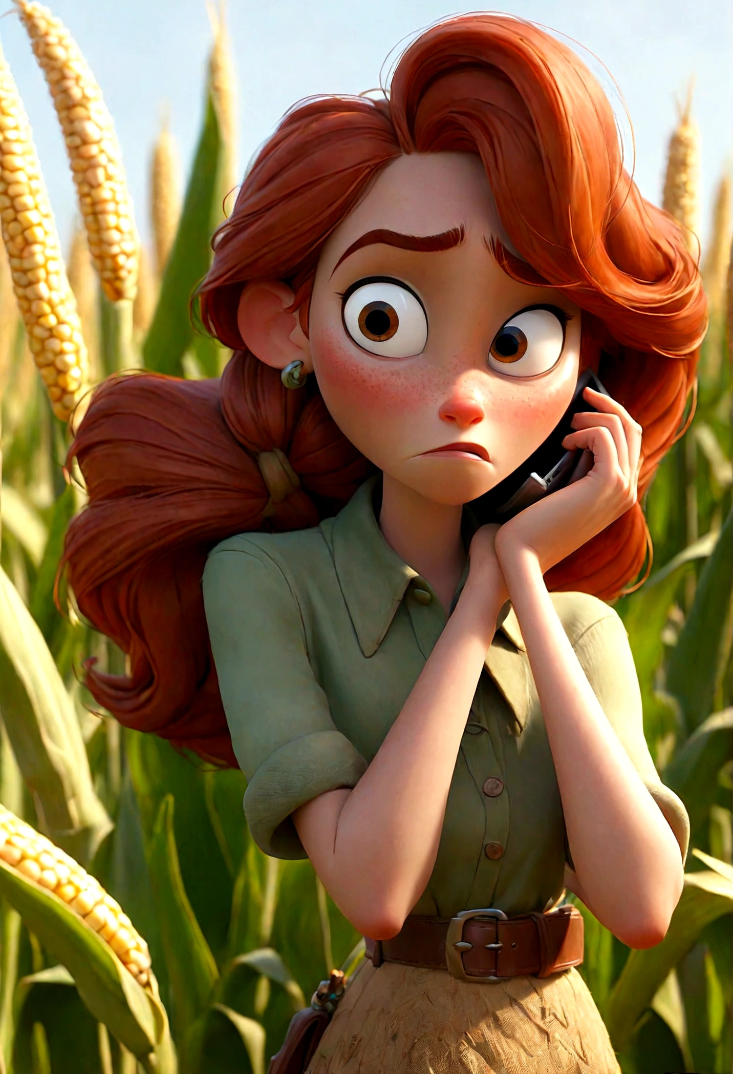 Pixar style character, in the image we see a woman with straight red hair. Its eyes are large green in color. She is talking on her cell phone and getting out of her car, which is parked next to a vast field of corn ready for harvest. The woman is dressed in
a blue shirt and a brown skirt
and a dark brown belt.