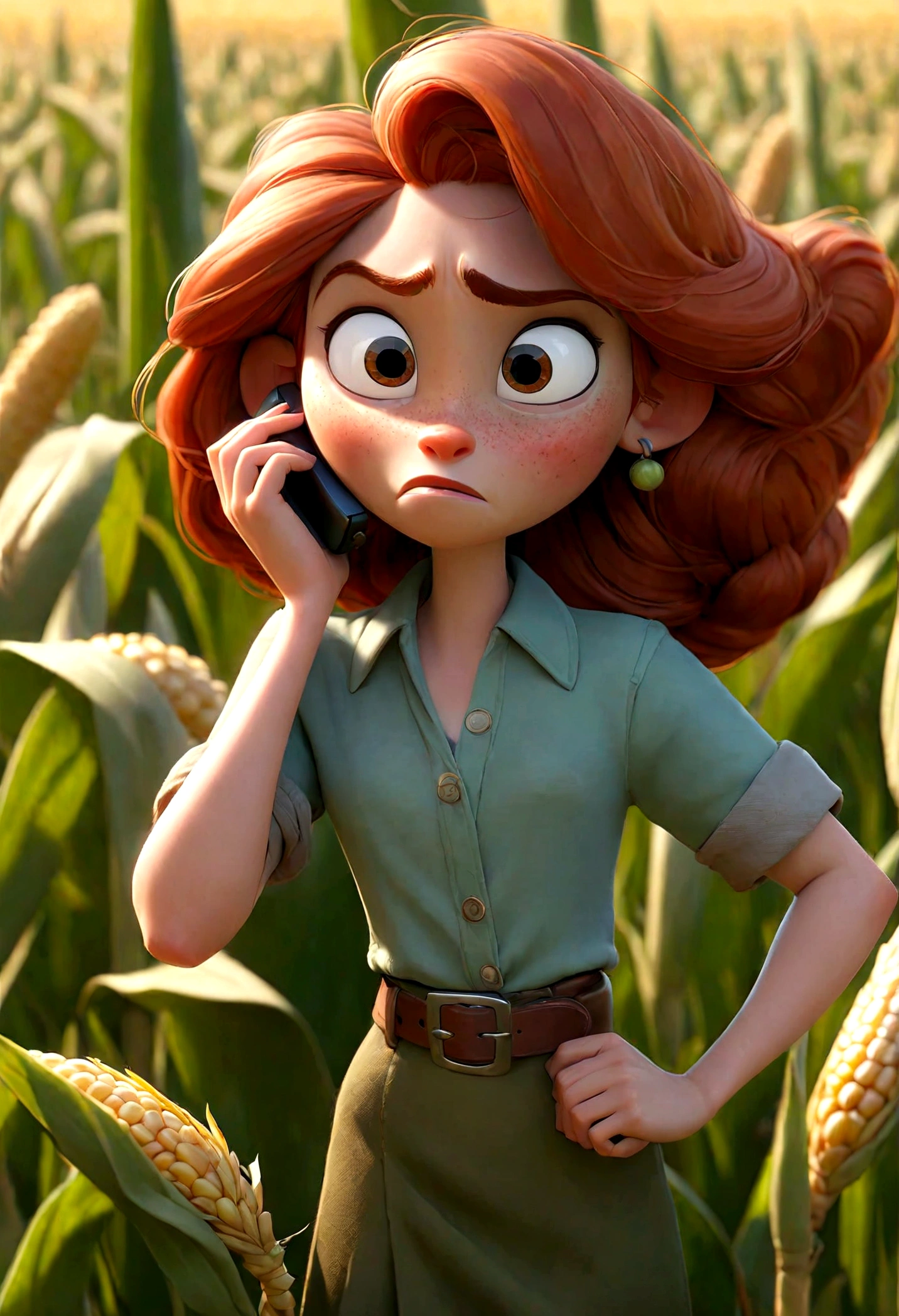 Pixar style character, in the image we see a woman with straight red hair. Its eyes are large green in color. She is talking on her cell phone and getting out of her car, which is parked next to a vast field of corn ready for harvest. The woman is dressed in
a blue shirt and a brown skirt
and a dark brown belt.