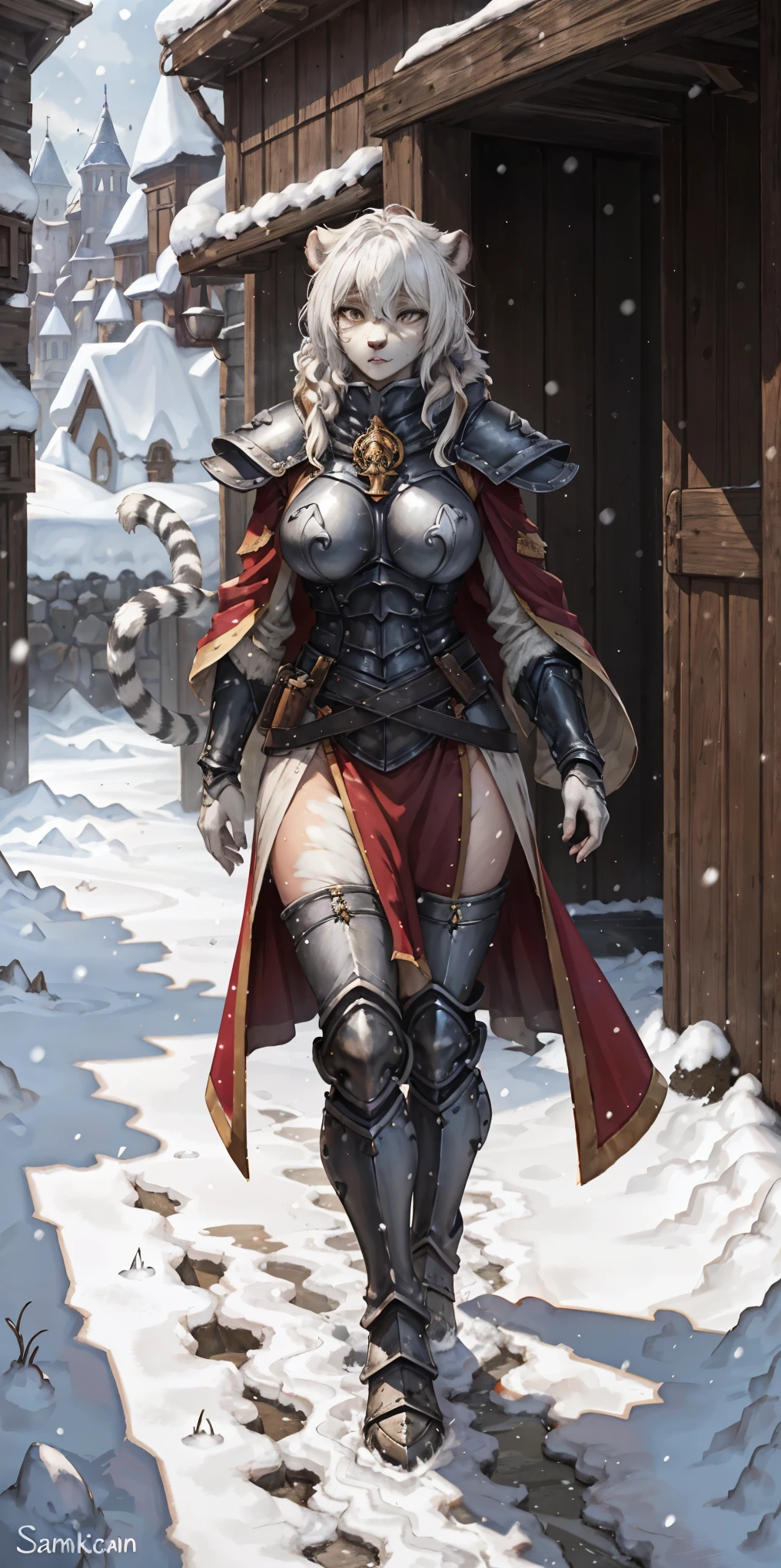 Furry white tiger woman stands on the street of a snowy castle, wearing shining armor (armor with a mirror surface) and a fur cape, winter, snowing, Medieval times, fantasy, white tiger woman, (Women - White Tiger), (Furry), Sakimichan art, white and black palette