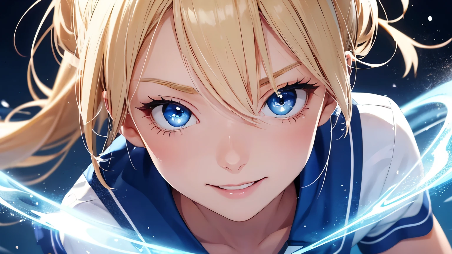 Positive Prompt:
A cute girl with blonde hair in a side ponytail, wearing a light blue sailor uniform. She has blue eyes and is very energetic, depicted in a full-body, jumping pose with a smile on her face. No background. Her face has delicate features and beautiful eyes. The girl is centered in the image.slant eyes　big eyes　open eyes　looking at viewer　Captivating Eye Reflections　Meticulous Eyelash Details　Blue Eyes,A beautiful woman with sparkling, detailed eyes.Focus on the eyes, making them detailed and realistic.

Negative Prompt:
Low quality, worst quality, strange body structure, weird body, terrible, ugly, sexual depiction, erotic expression, missing hands or feet, strange hands or fingers, weird hands or fingers, missing fingers.
