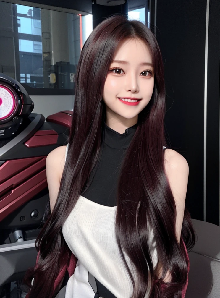 Armoured girl, realistic, long hair, maroon black robotics, smile,