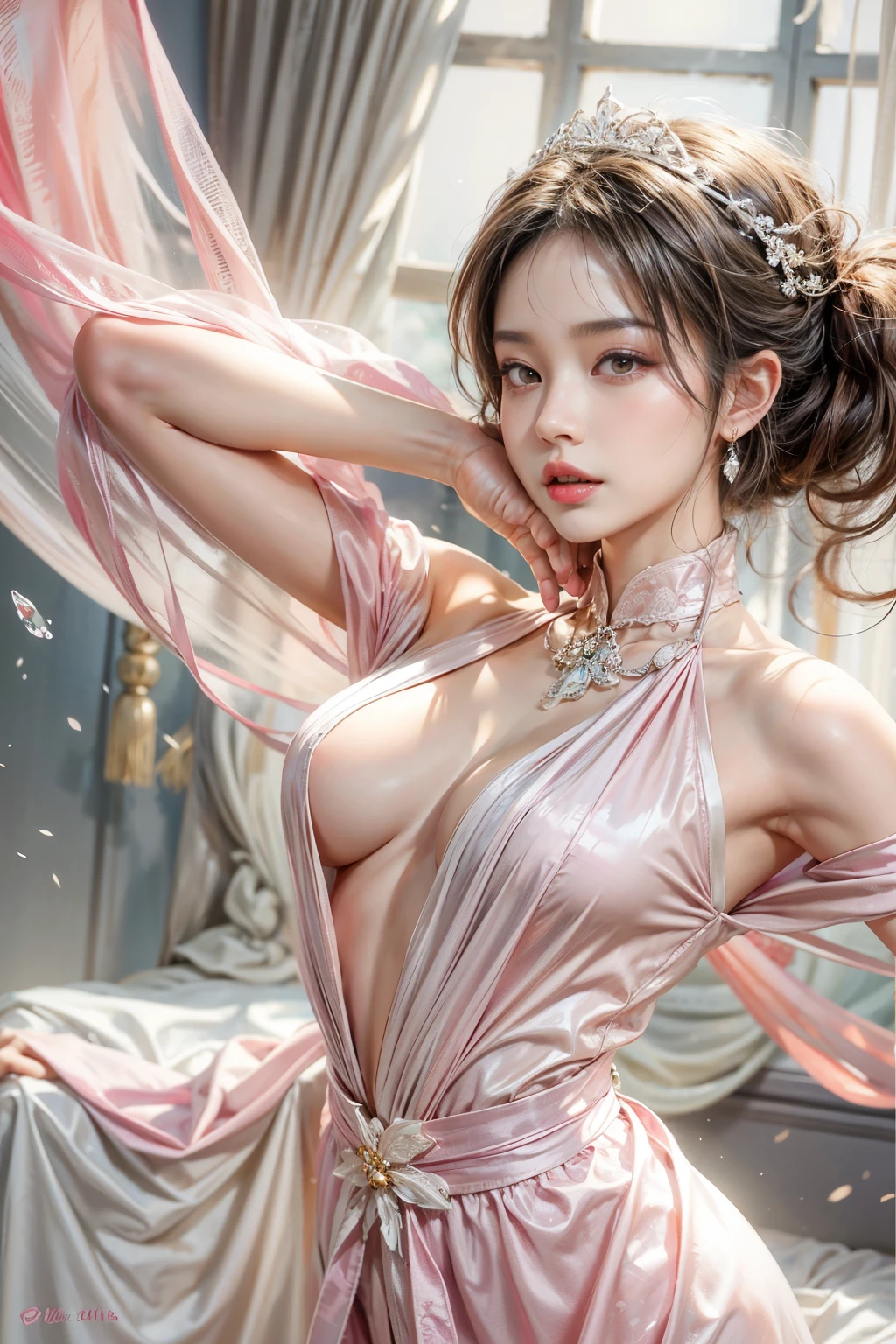 Gentle and attractive Chinese beauty, Half-body photo, Delicate and sexy collarbone, Attractive oval face, double eyelid, Bright pink eyes, Pink Lips, Small Nose, Exposing shoulders, Concentrated face, Face close-up, tiara, silk chinese long dress, Ultra high definition, Super Detail, Elegant standing posture, Ultra-fine light-transmitting wet yarn, huge firm bouncing bust, dynamic sexy poses