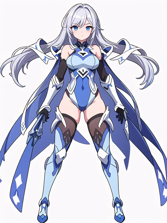 (((white background))), (((Best Quality))) , ((full body)), female, reference sheet, solo, thigh high, gauntlets, leotard, body stocking, (cropped shoulders), sword, holding sword, gloves, stand posture, ((lightblue theme costume)),
